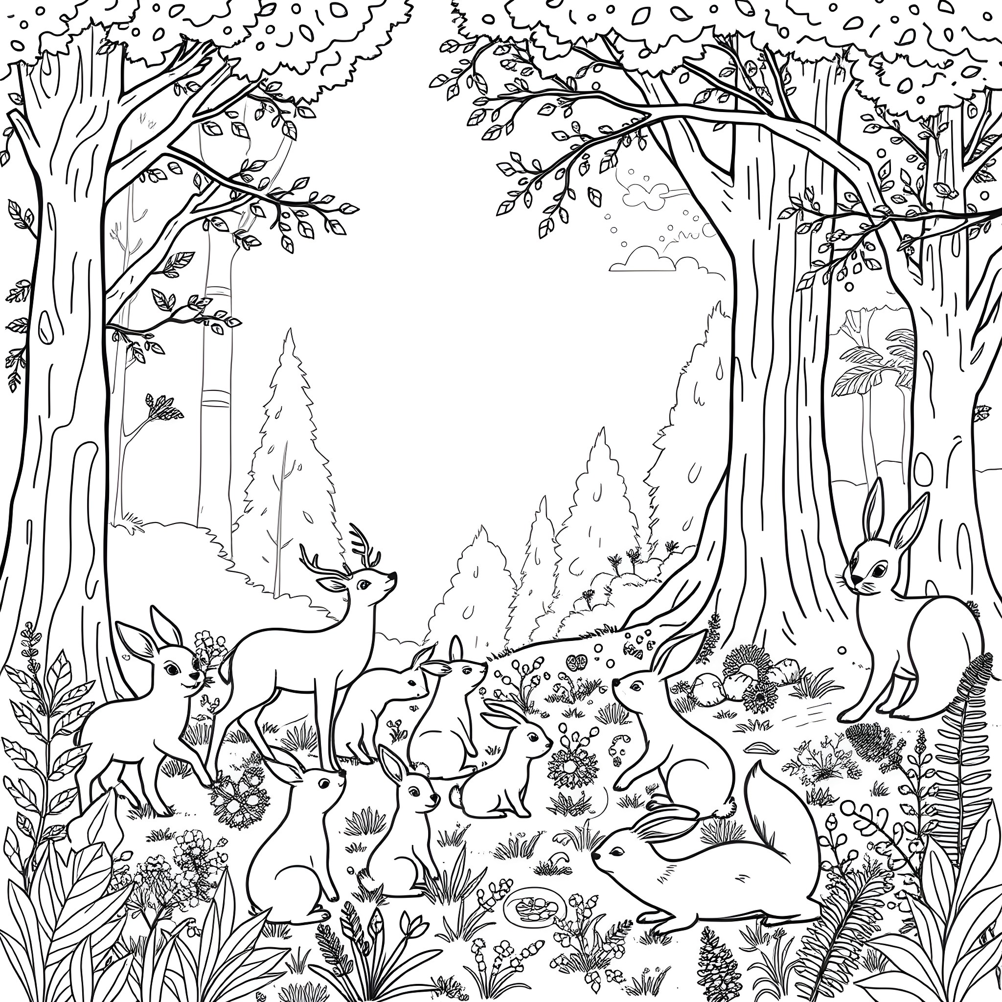Animal Forest Scene with Deer and Rabbits Coloring Page (free black-and-white line drawing printable PDF for all, from beginners to advanced learners, including children, teens, adults, and seniors)