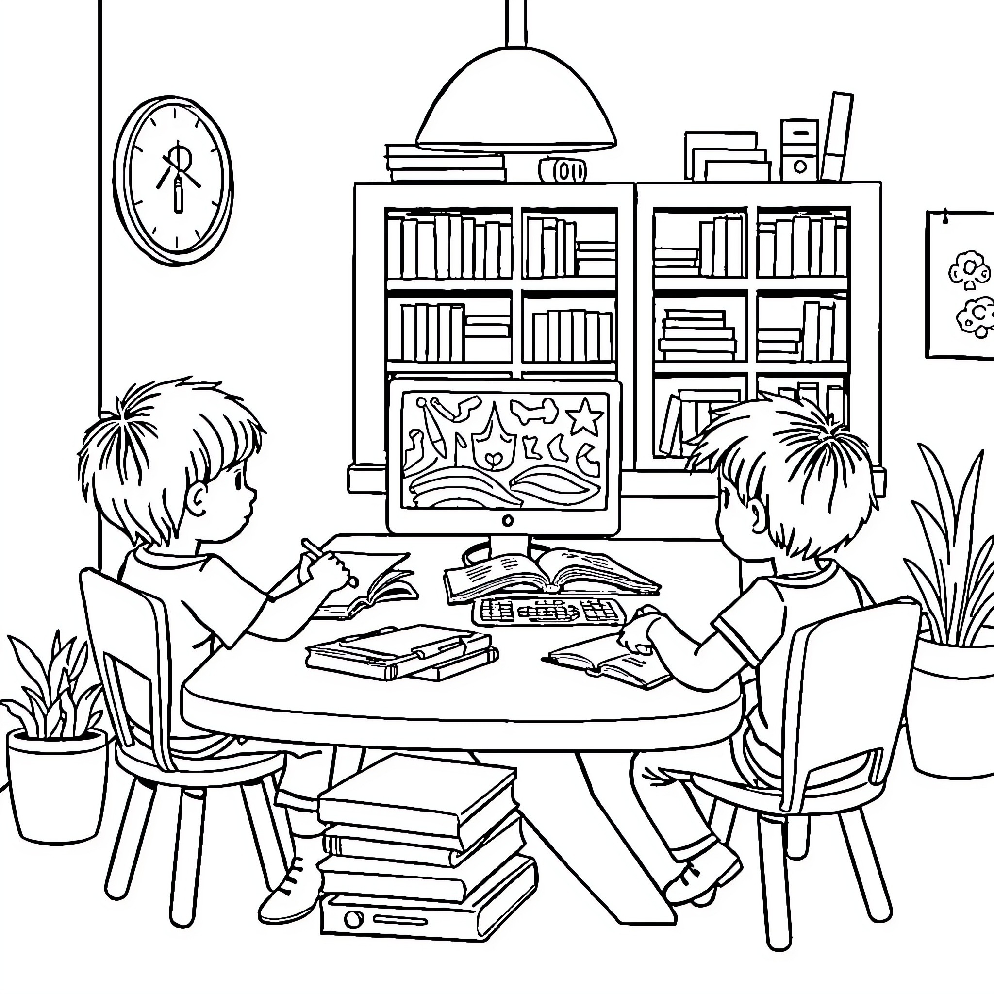 Homeschooling children studying together at home Coloring Page (free black-and-white line drawing printable PDF for all, from beginners to advanced learners, including children, teens, adults, and seniors)