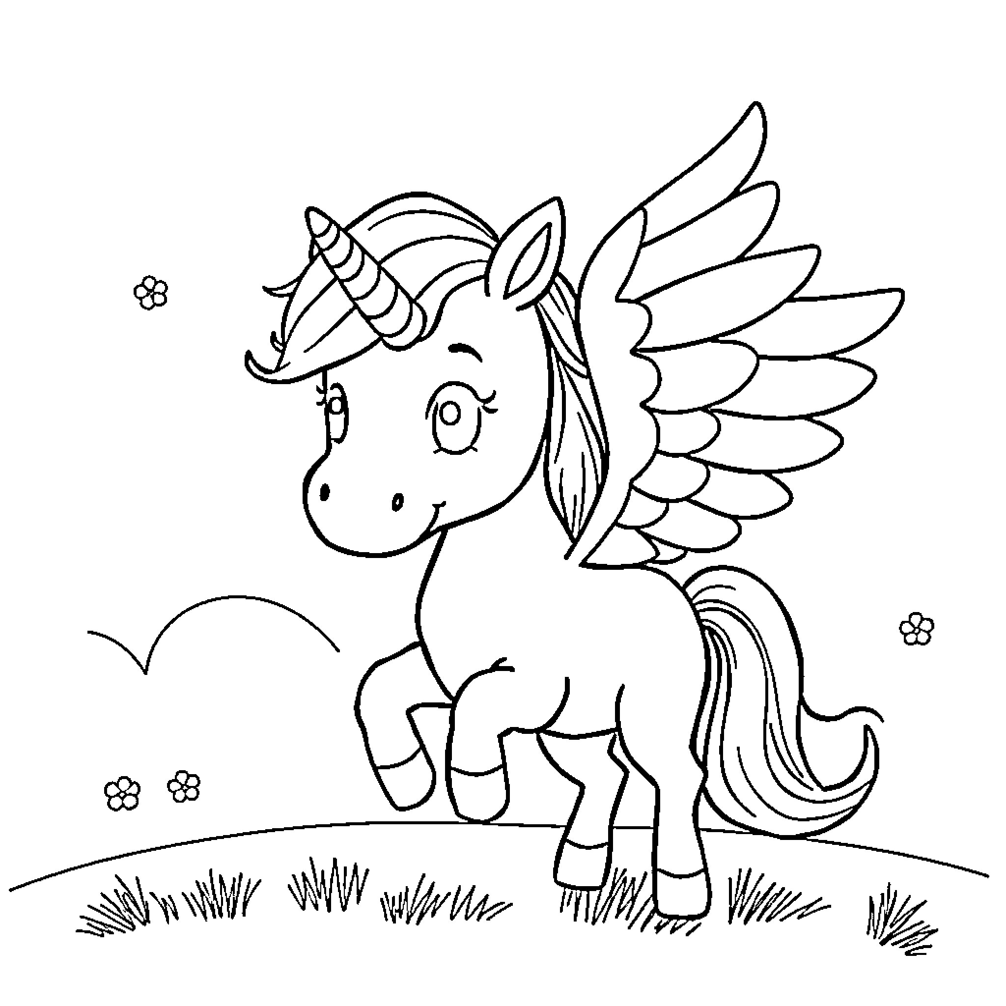 Unicorn with wings and horn prancing in field Coloring Page (free black-and-white line drawing printable PDF for all, from beginners to advanced learners, including children, teens, adults, and seniors)
