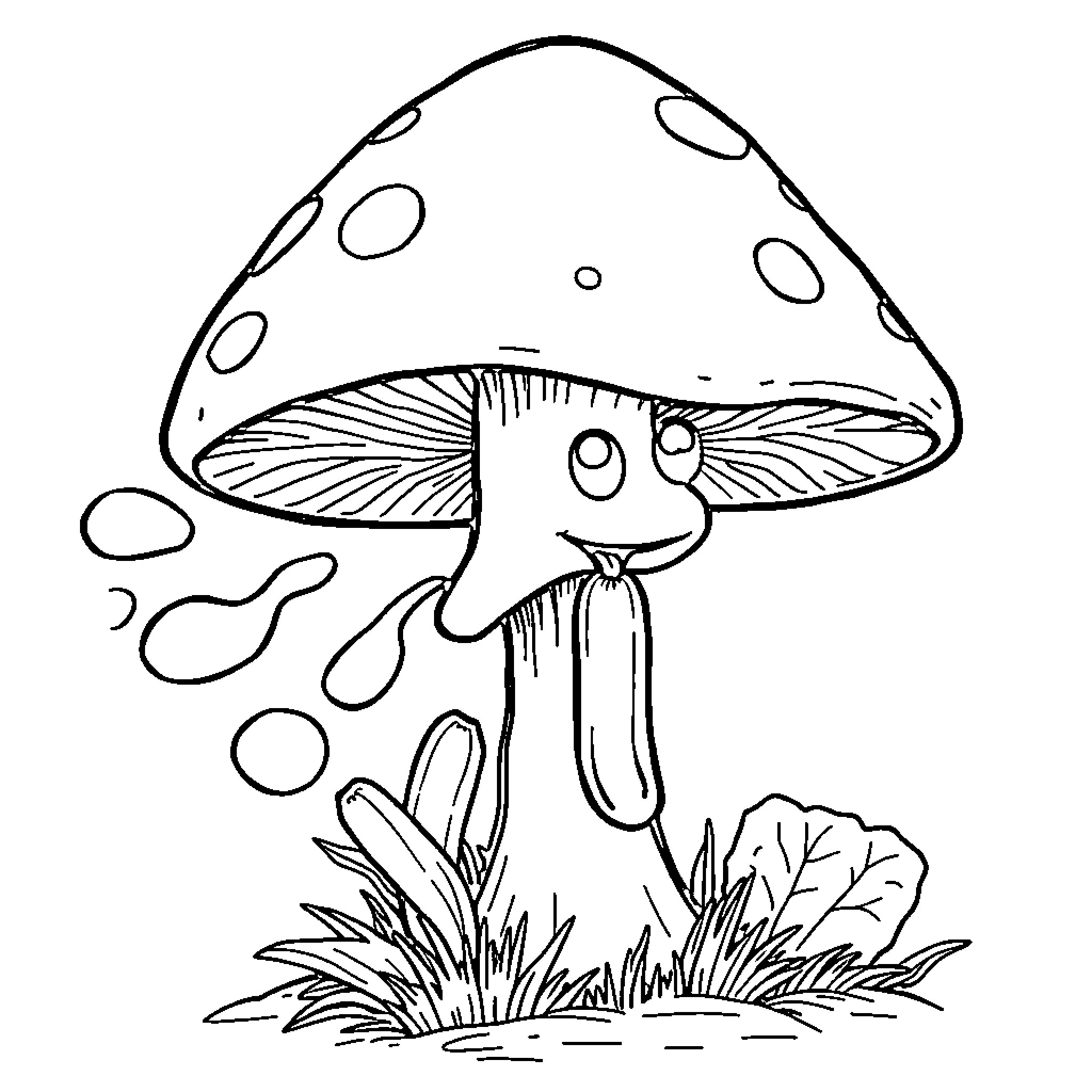 Mushroom with whimsical cap in forest scene Coloring Page (free black-and-white line drawing printable PDF for all, from beginners to advanced learners, including children, teens, adults, and seniors)