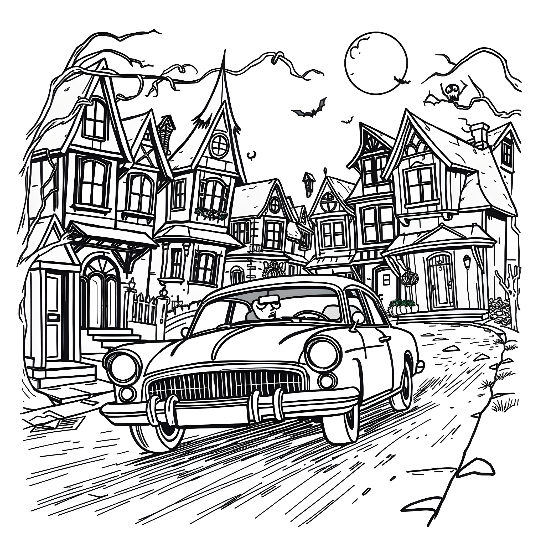 Car driving through a spooky haunted town at night Coloring Page (free black-and-white line drawing printable PDF for all, from beginners to advanced learners, including children, teens, adults, and seniors)