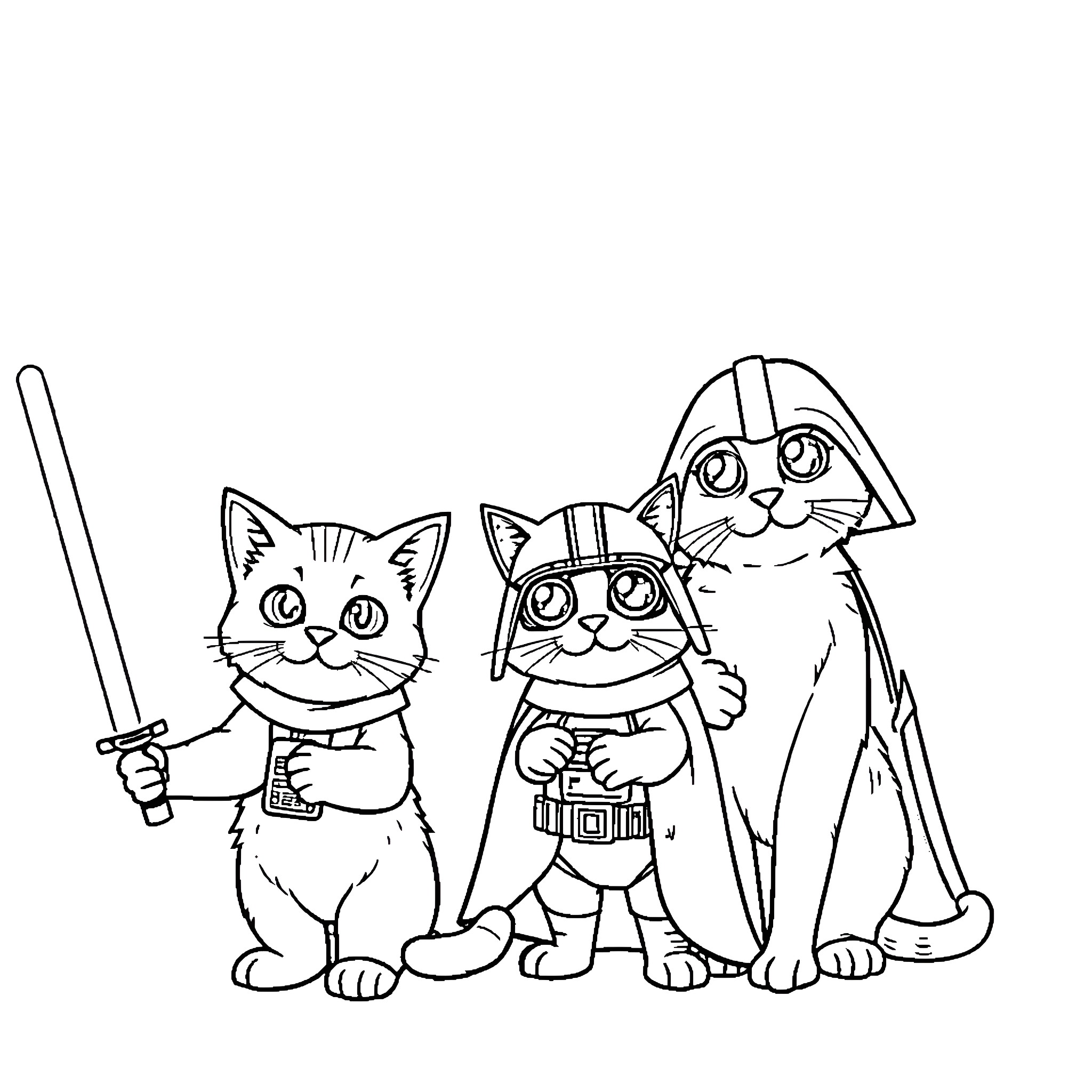 Cats in Costume Playing Dress Up Coloring Page (free black-and-white line drawing printable PDF for all, from beginners to advanced learners, including children, teens, adults, and seniors)