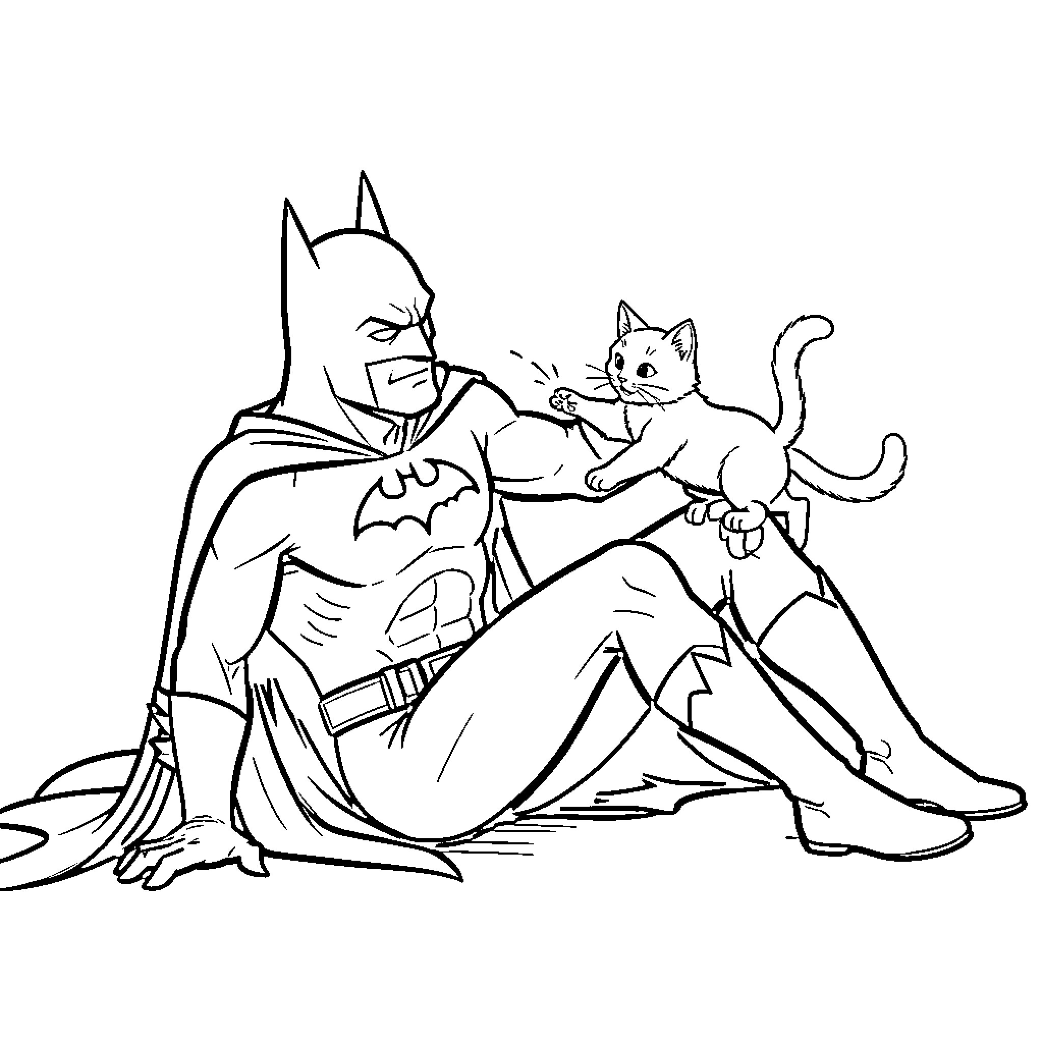 Batman playing with a curious cat Coloring Page (free black-and-white line drawing printable PDF for all, from beginners to advanced learners, including children, teens, adults, and seniors)