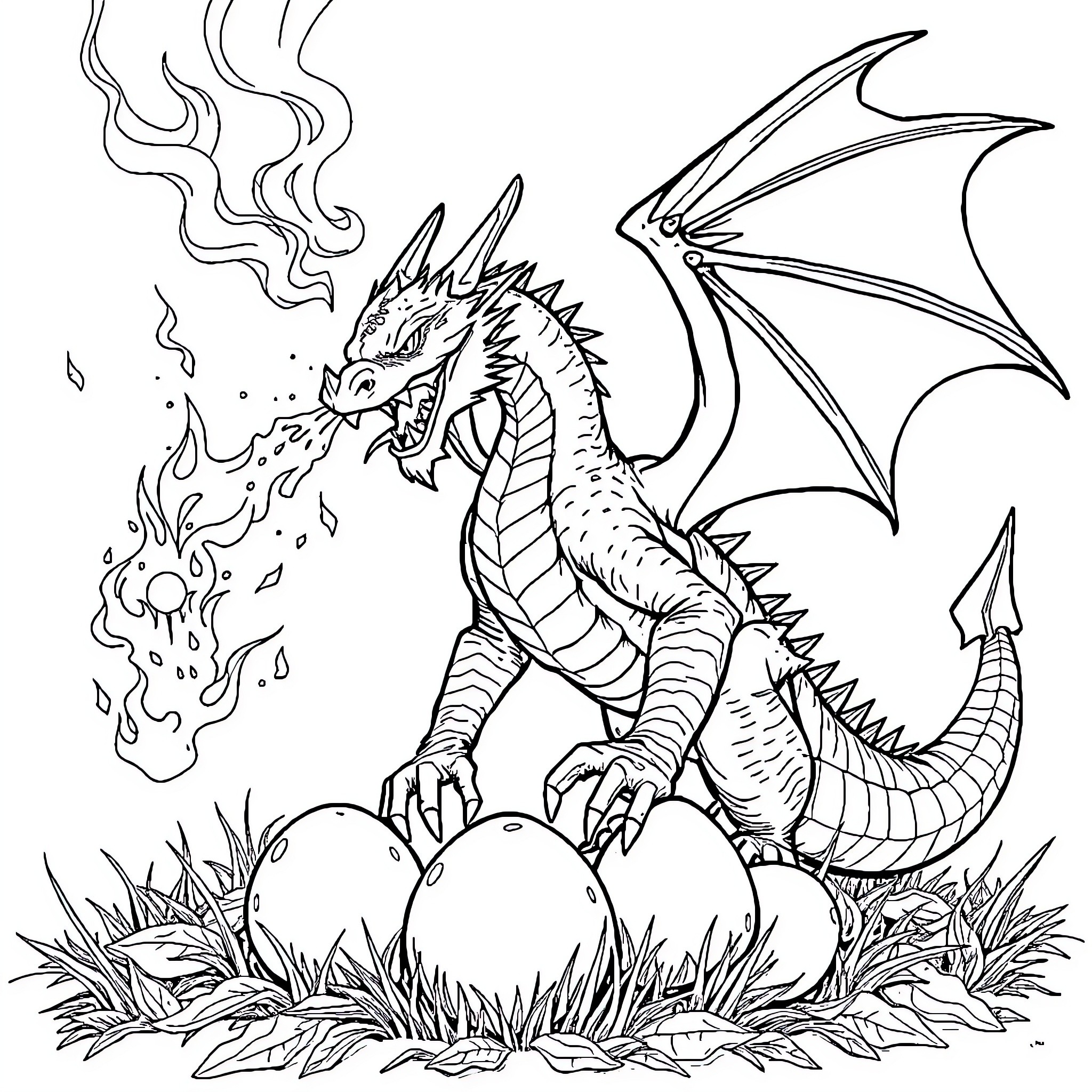 Dragon hatchling emerging from eggs Coloring Page (free black-and-white line drawing printable PDF for all, from beginners to advanced learners, including children, teens, adults, and seniors)