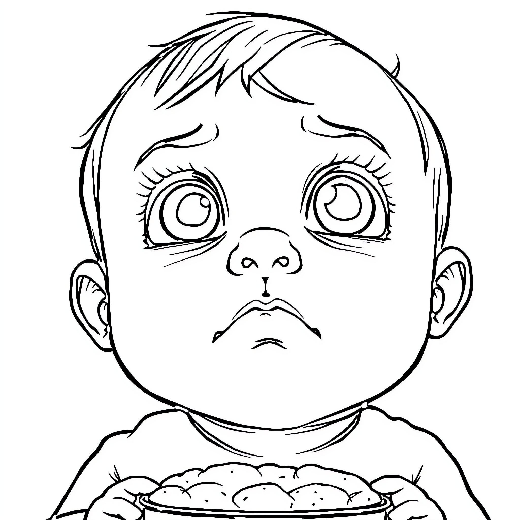 Baby looking upset over spilled food Coloring Page (free black-and-white line drawing printable PDF for all, from beginners to advanced learners, including children, teens, adults, and seniors)