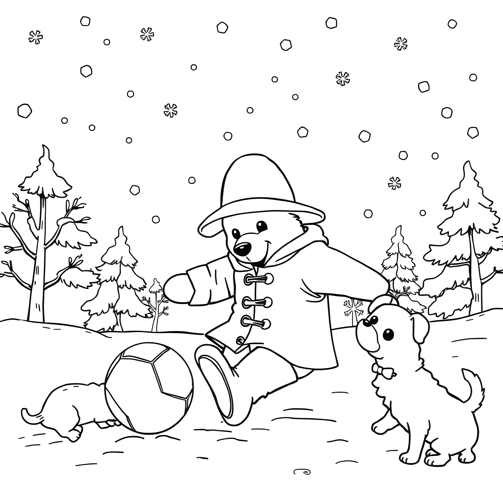 Paddington Bear playing in the snowy forest with a puppy Coloring Page (free black-and-white line drawing printable PDF for all, from beginners to advanced learners, including children, teens, adults, and seniors)