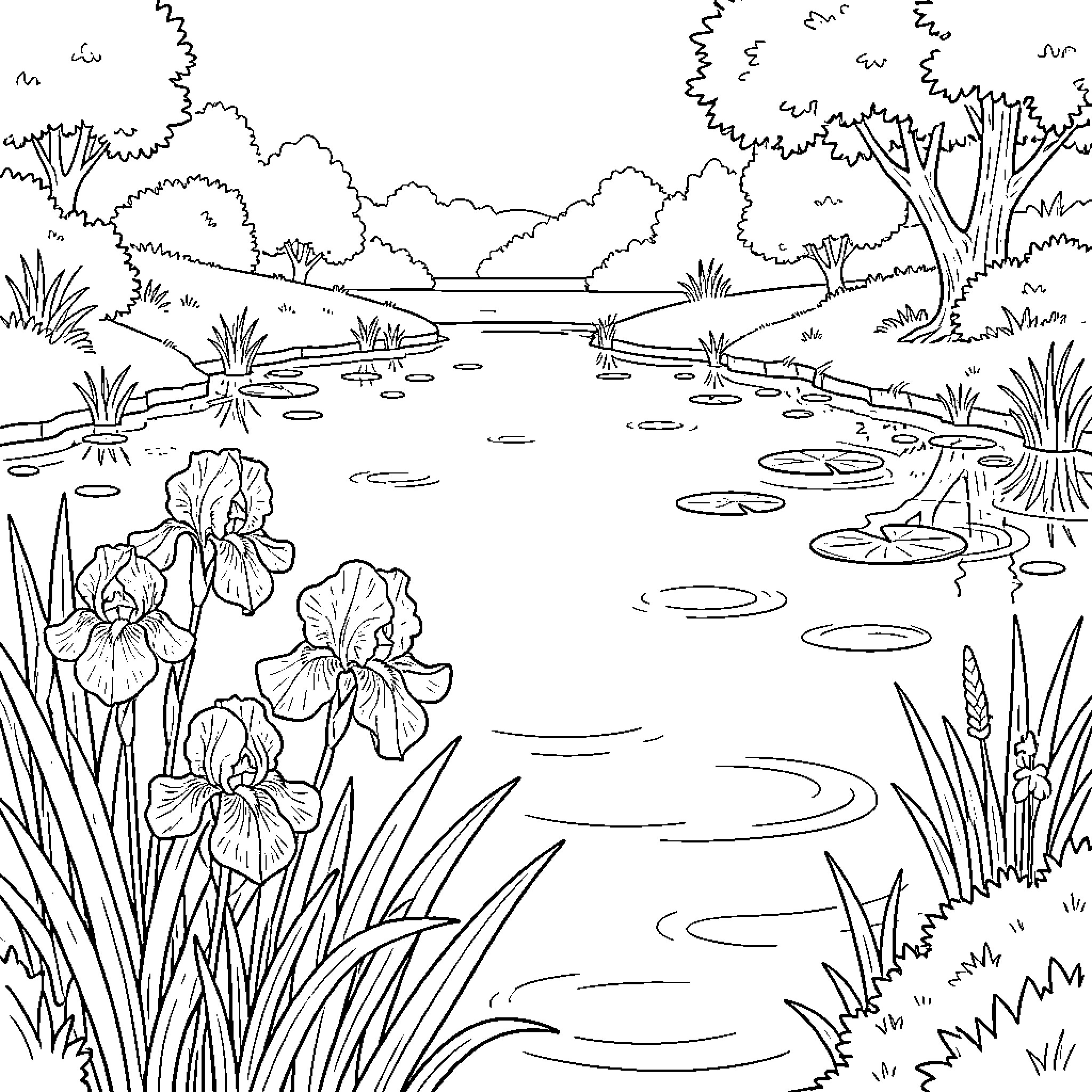 Iris Blooming by the Serene Pond Coloring Page (free black-and-white line drawing printable PDF for all, from beginners to advanced learners, including children, teens, adults, and seniors)