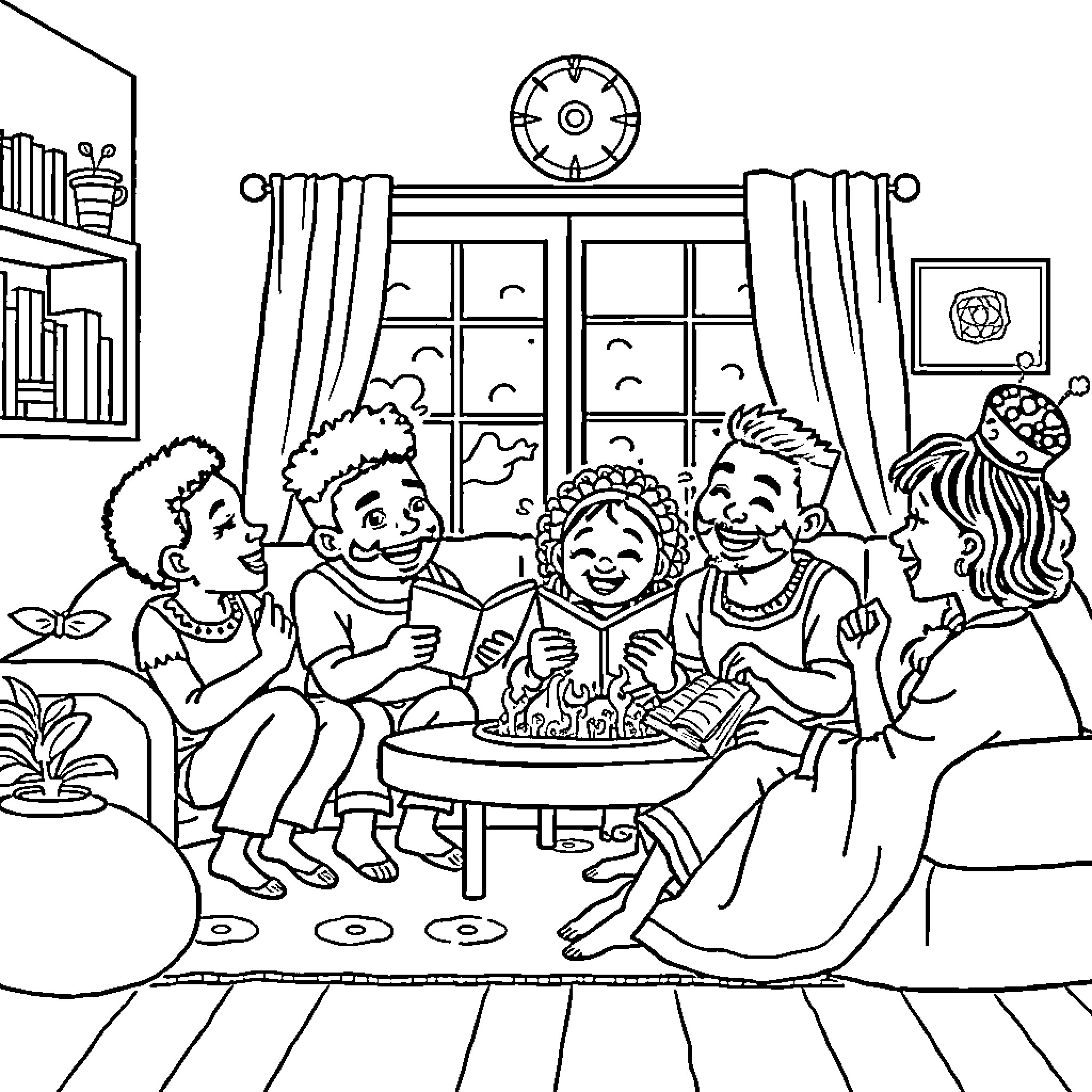 Lafufu Family Gathering with Happy Expressions Coloring Page (free black-and-white line drawing printable PDF for all, from beginners to advanced learners, including children, teens, adults, and seniors)