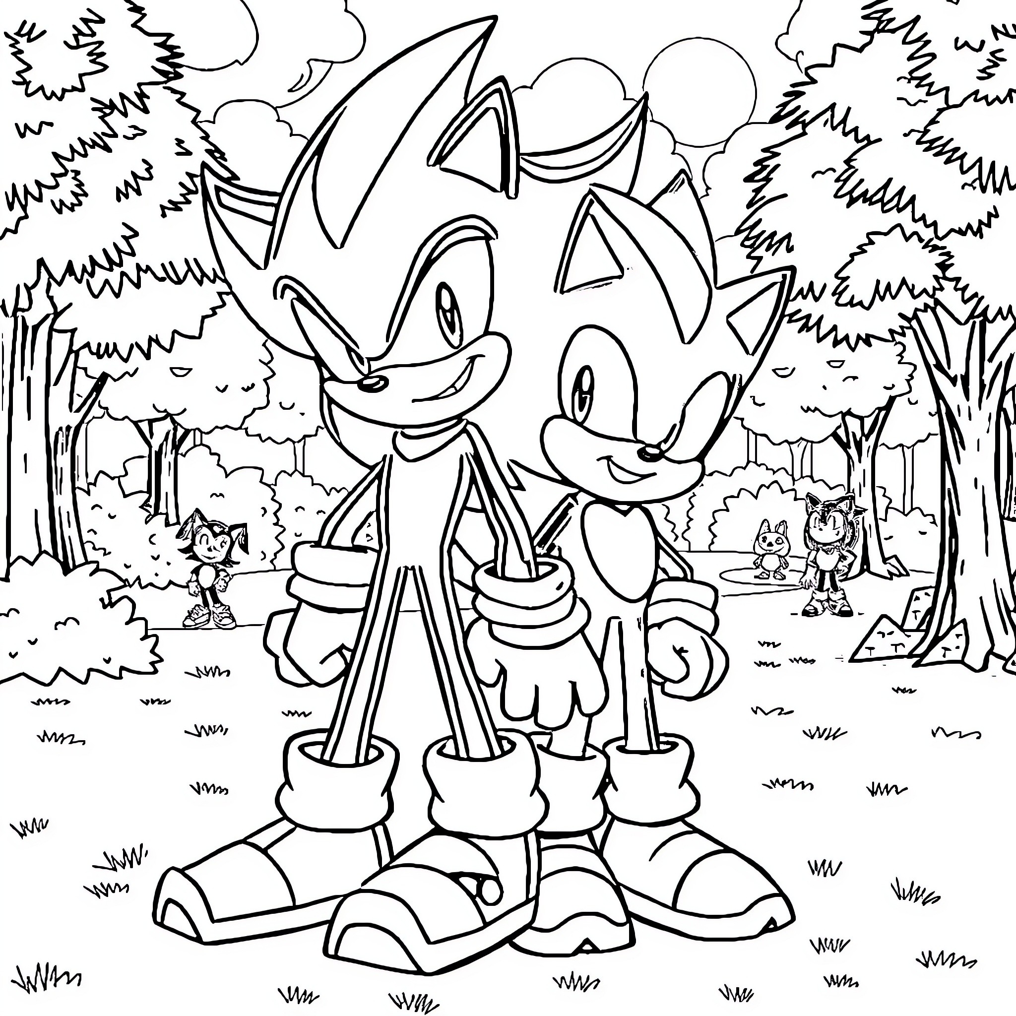 Sonic and Friends in the Enchanted Forest Coloring Page (free black-and-white line drawing printable PDF for all, from beginners to advanced learners, including children, teens, adults, and seniors)
