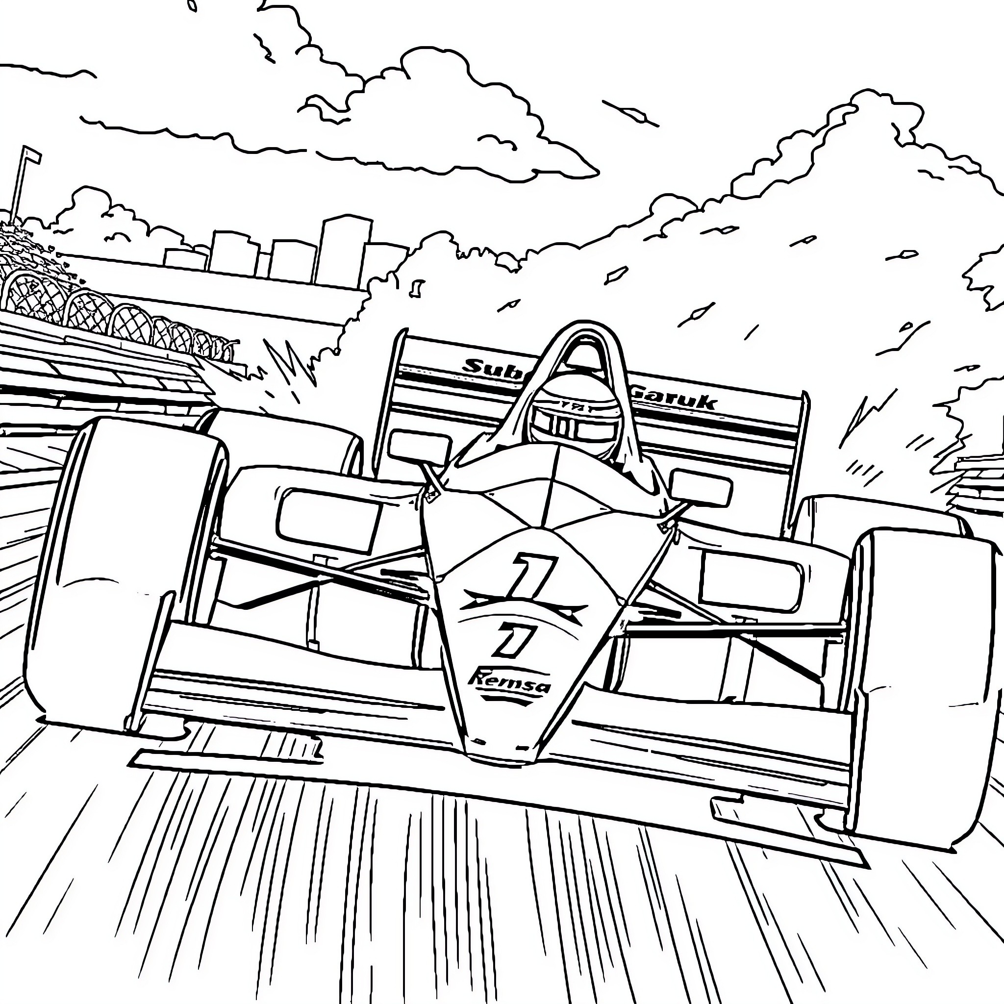 Ayrton Senna's Formula One Race Car in Motion Coloring Page (free black-and-white line drawing printable PDF for all, from beginners to advanced learners, including children, teens, adults, and seniors)