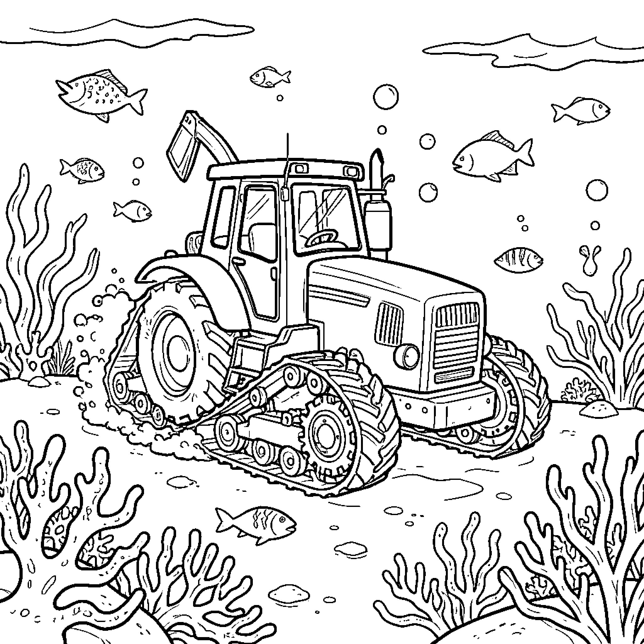 Submarine Tractor driving through an underwater coral reef Coloring Page (free black-and-white line drawing printable PDF for all, from beginners to advanced learners, including children, teens, adults, and seniors)