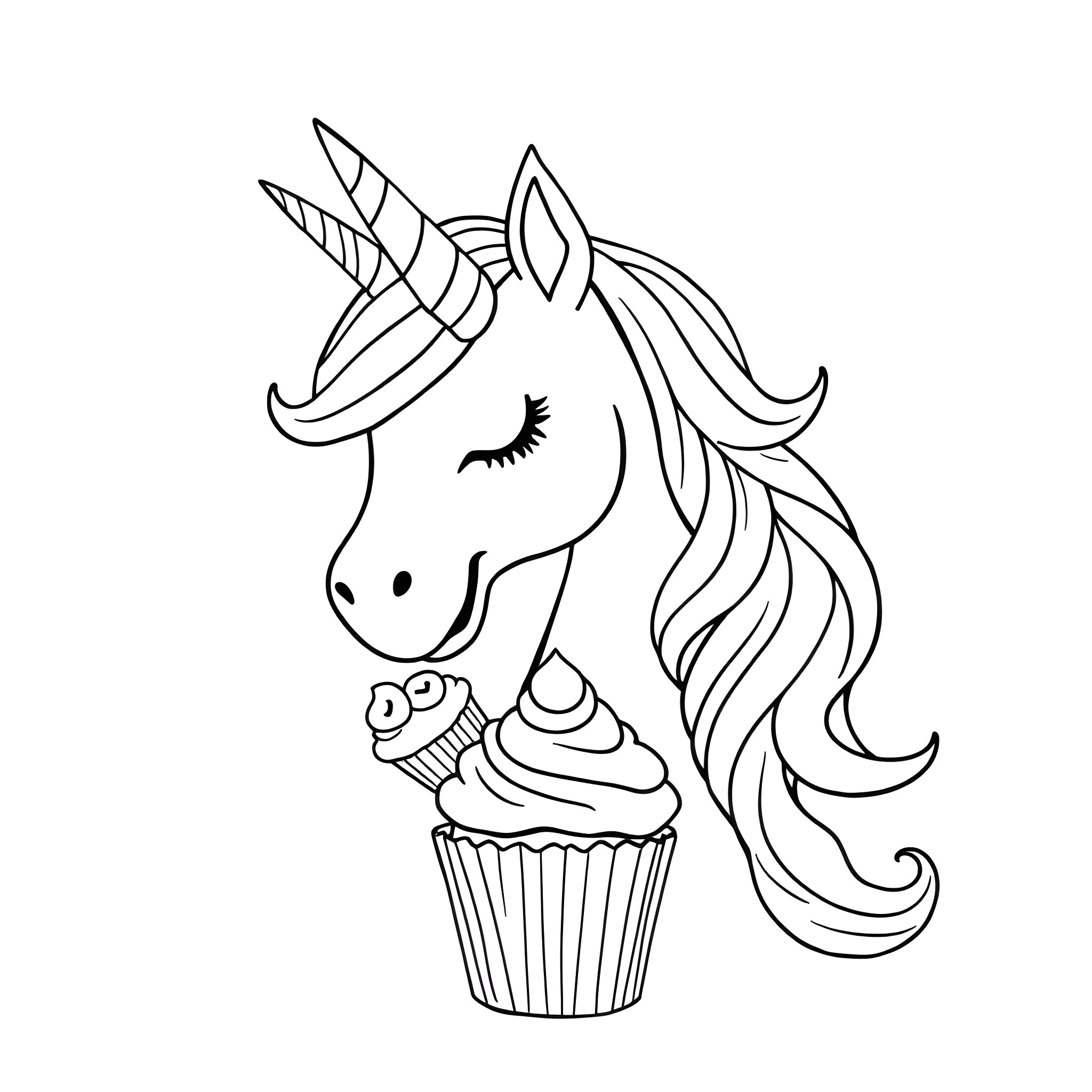 Unicorn with Cupcake in Outline Drawing Coloring Page (free black-and-white line drawing printable PDF for all, from beginners to advanced learners, including children, teens, adults, and seniors)