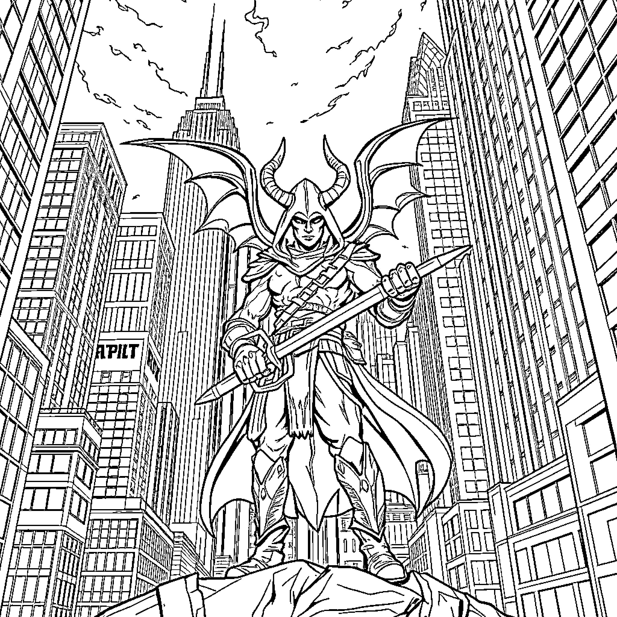 Demon Hunter Stands Victorious in the City Coloring Page (free black-and-white line drawing printable PDF for all, from beginners to advanced learners, including children, teens, adults, and seniors)