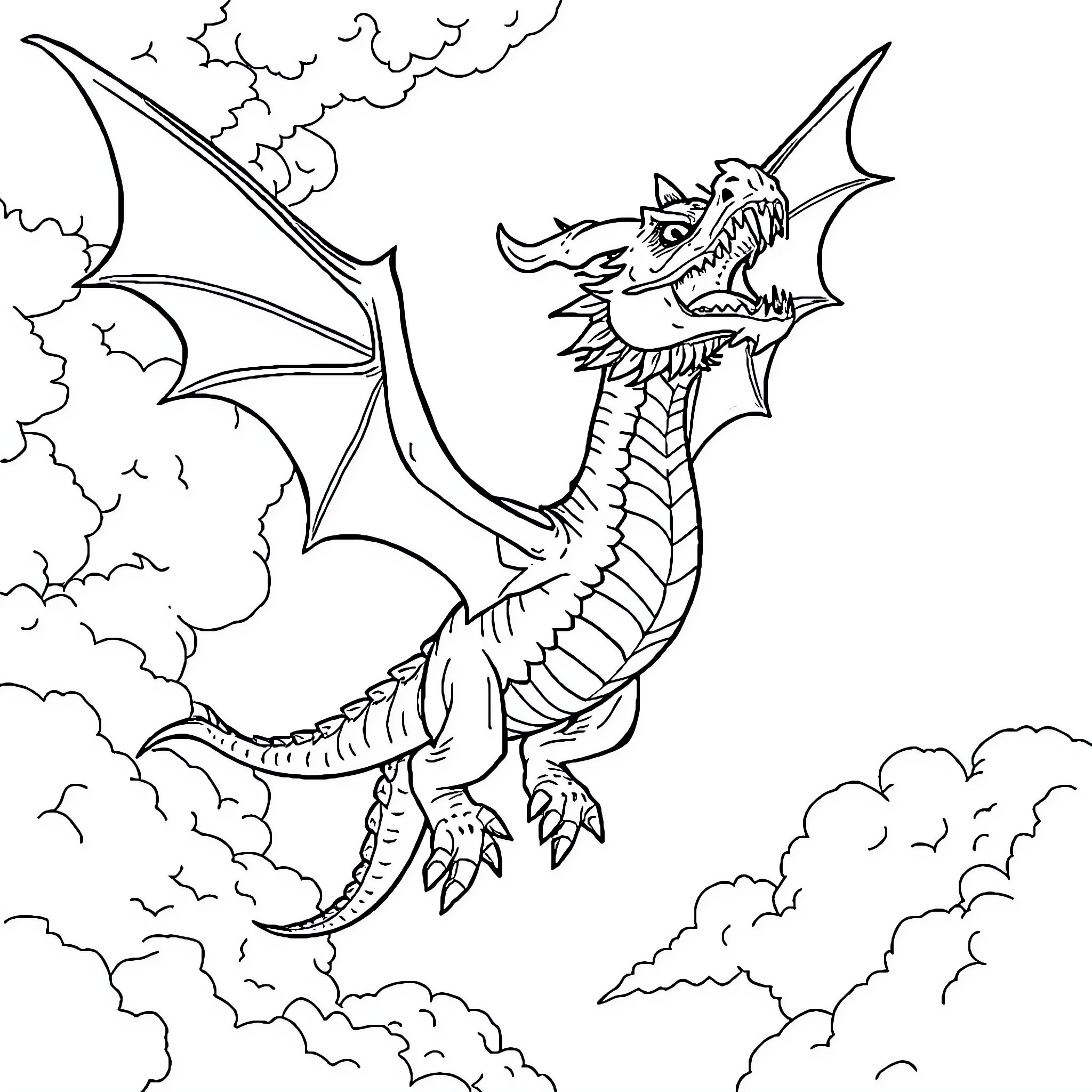 Dragon soaring through the cloudy sky Coloring Page (free black-and-white line drawing printable PDF for all, from beginners to advanced learners, including children, teens, adults, and seniors)