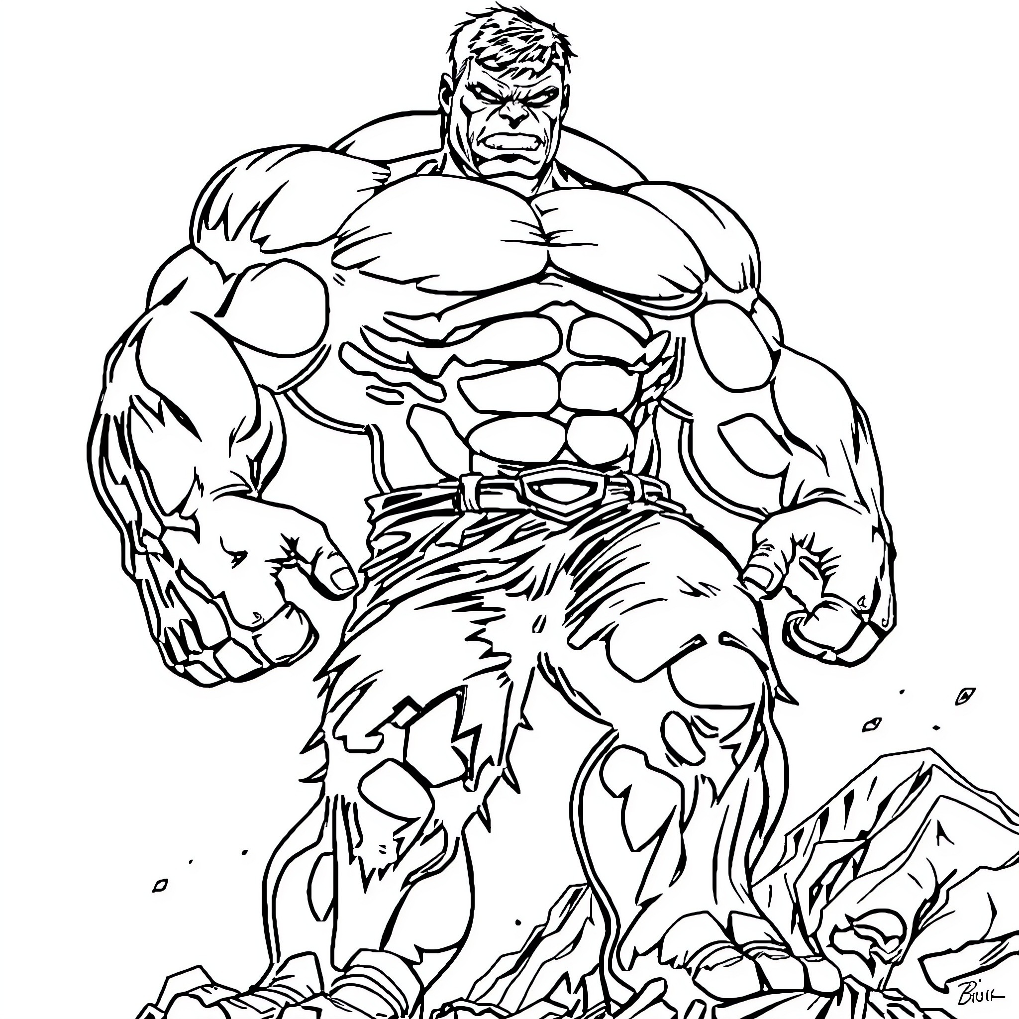 Hulk unleashing his immense strength and rage Coloring Page (free black-and-white line drawing printable PDF for all, from beginners to advanced learners, including children, teens, adults, and seniors)