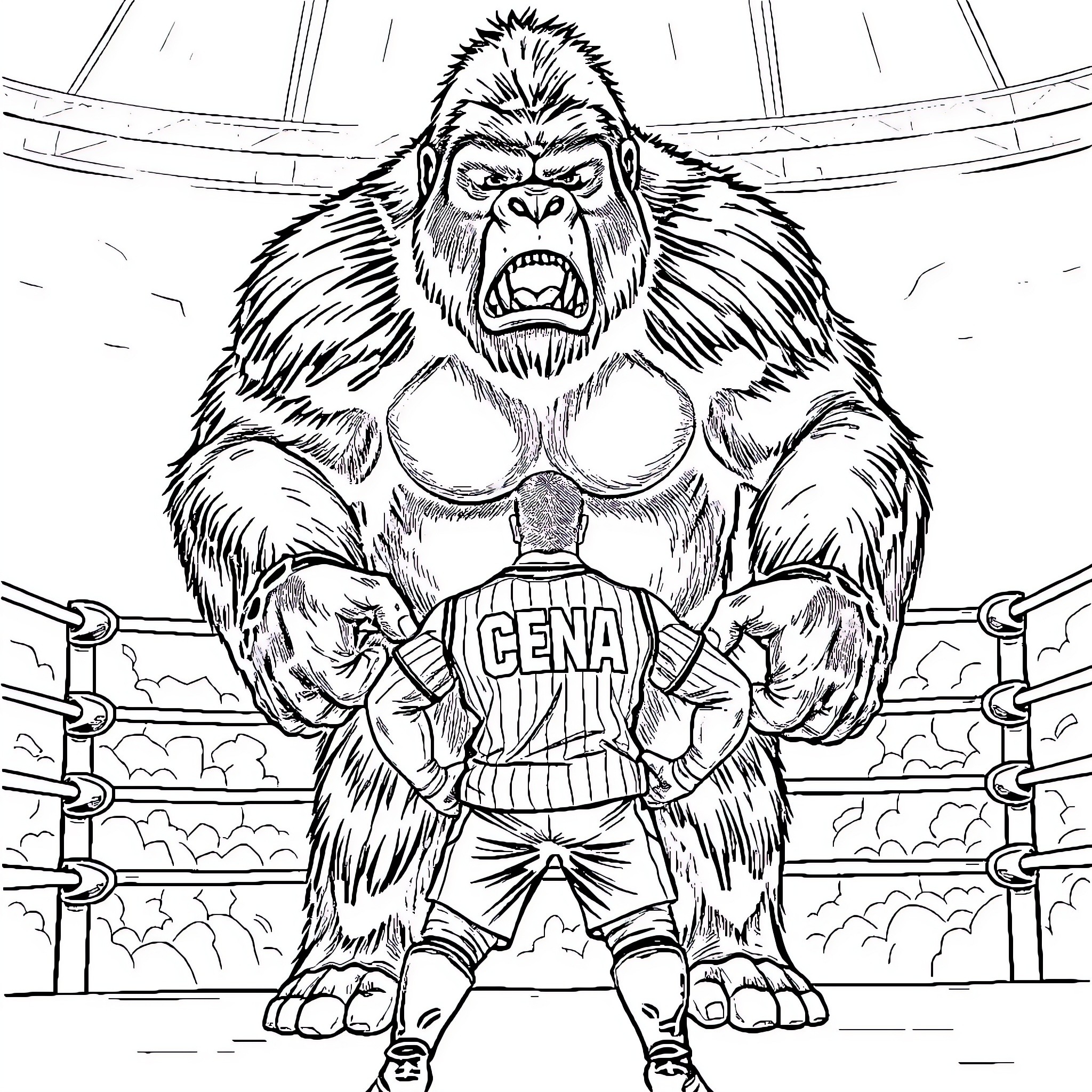 John Cena as a Powerful Gorilla in a Wrestling Ring Coloring Page (free black-and-white line drawing printable PDF for all, from beginners to advanced learners, including children, teens, adults, and seniors)