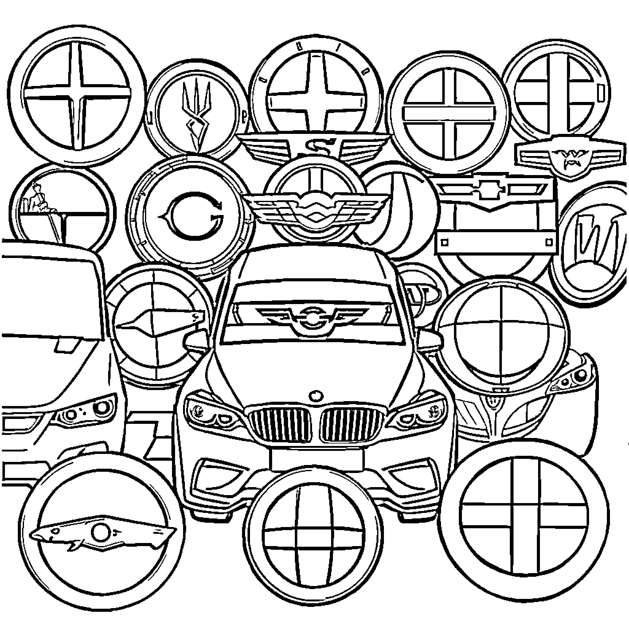 Car Logo Design Elements and Patterns Coloring Page (free black-and-white line drawing printable PDF for all, from beginners to advanced learners, including children, teens, adults, and seniors)