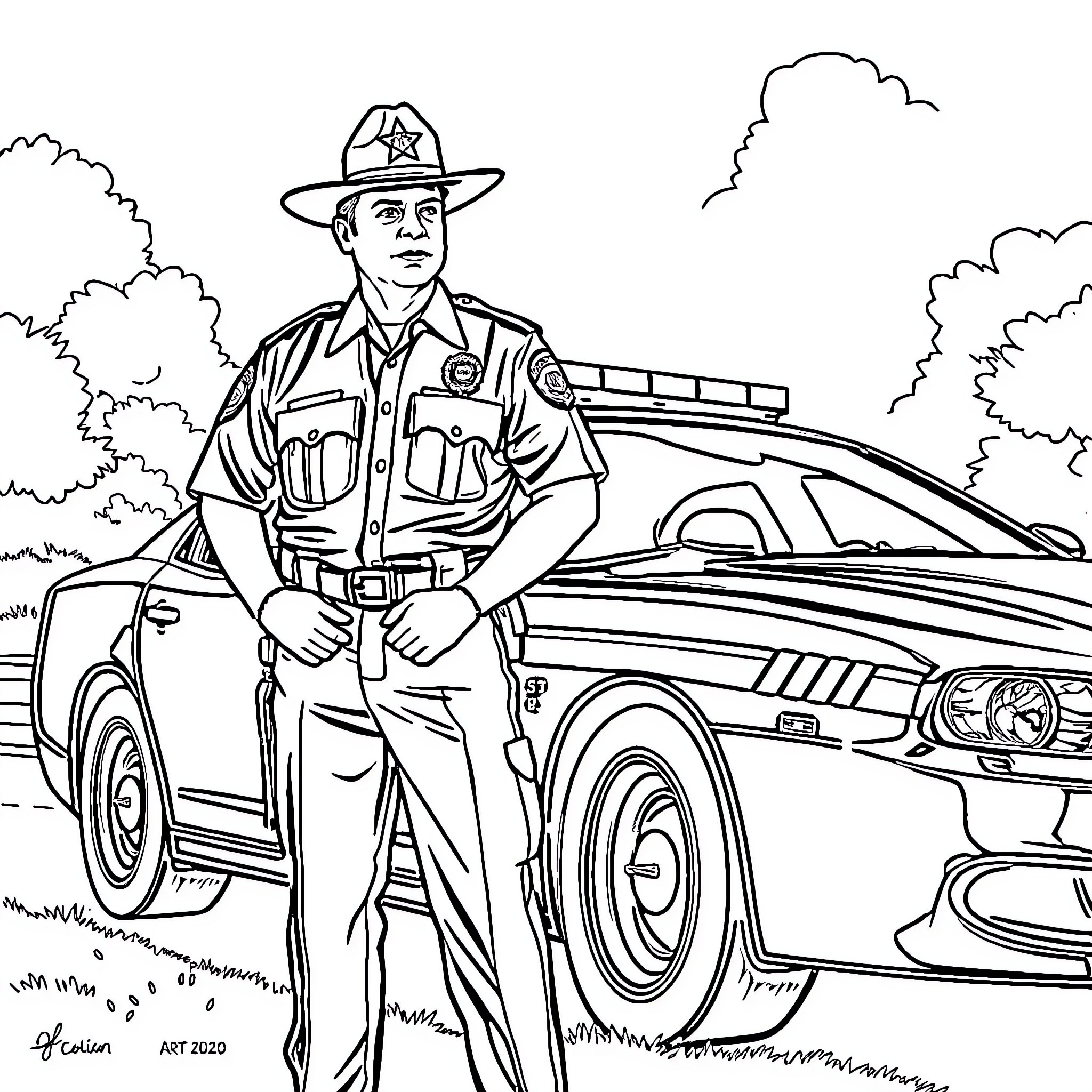 Trooper stands alert near police car in outdoors Coloring Page (free black-and-white line drawing printable PDF for all, from beginners to advanced learners, including children, teens, adults, and seniors)