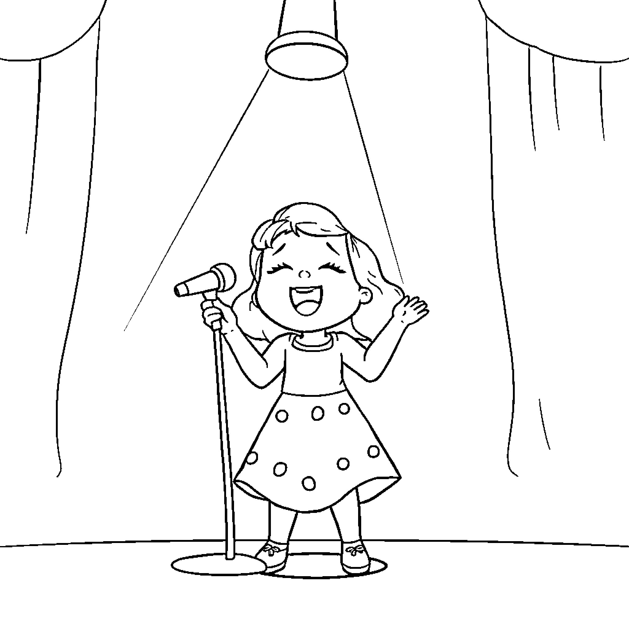 Emilia singing joyfully on stage Coloring Page (free black-and-white line drawing printable PDF for all, from beginners to advanced learners, including children, teens, adults, and seniors)