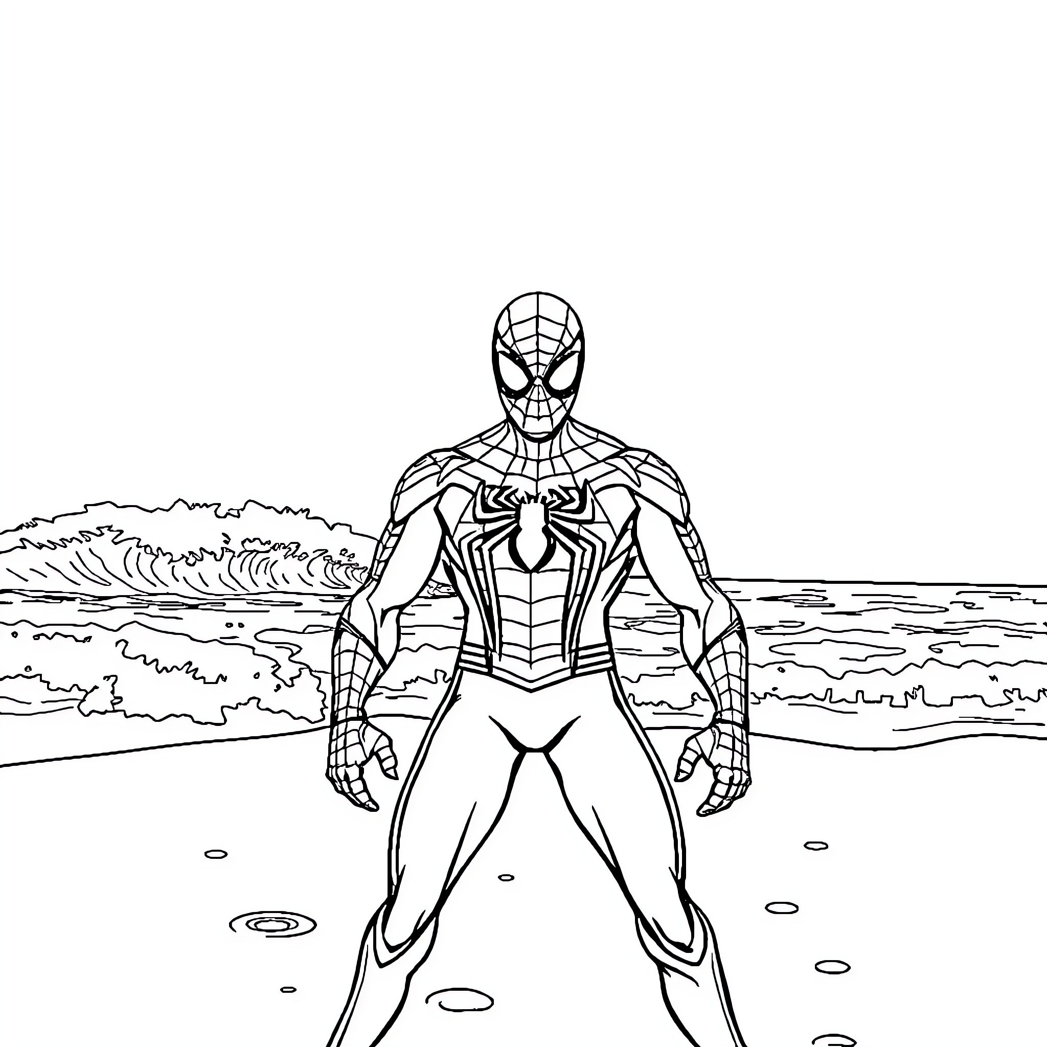 Spiderman standing on the beach Coloring Page (free black-and-white line drawing printable PDF for all, from beginners to advanced learners, including children, teens, adults, and seniors)