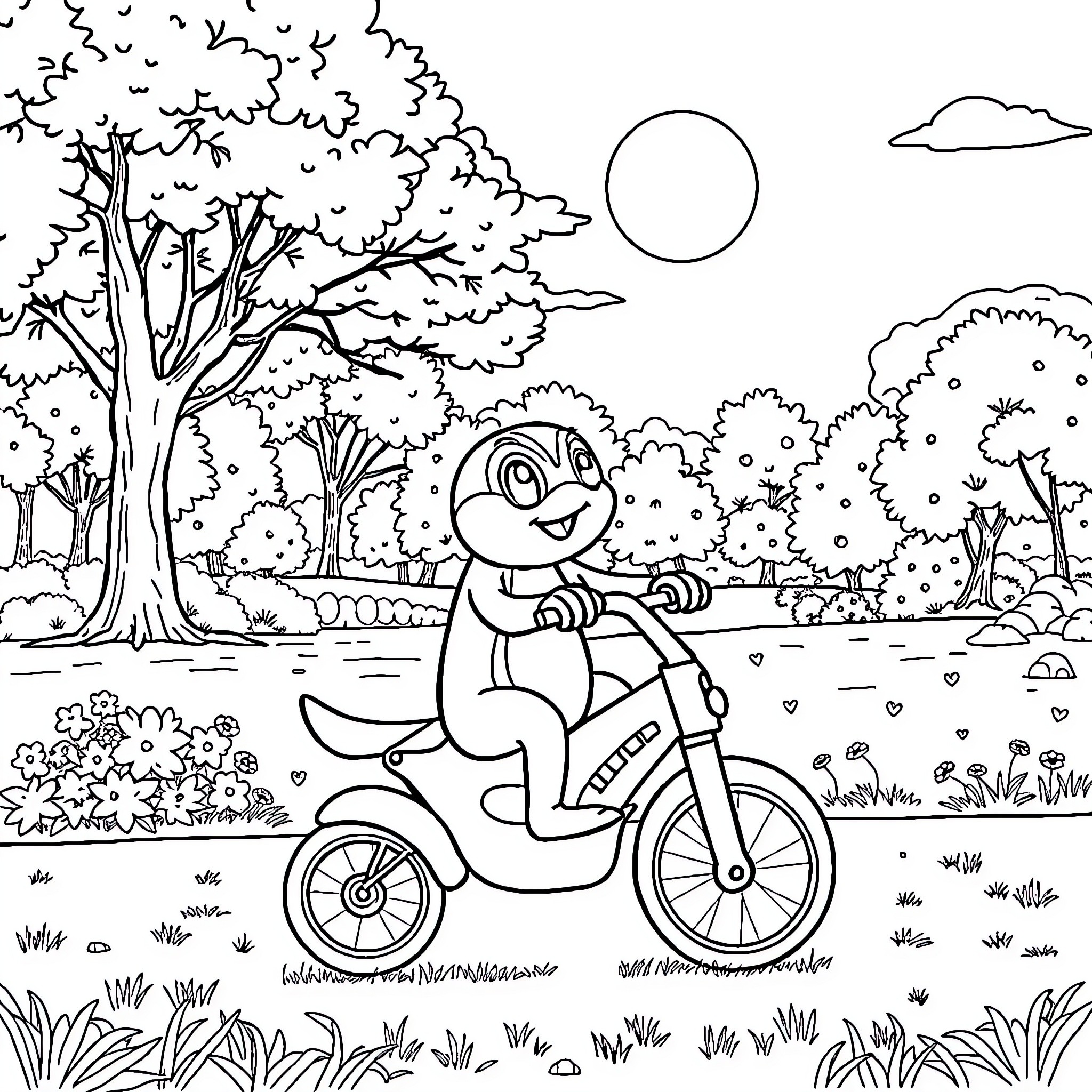 Pat Patrol: Penguin riding a bicycle in the park Coloring Page (free black-and-white line drawing printable PDF for all, from beginners to advanced learners, including children, teens, adults, and seniors)
