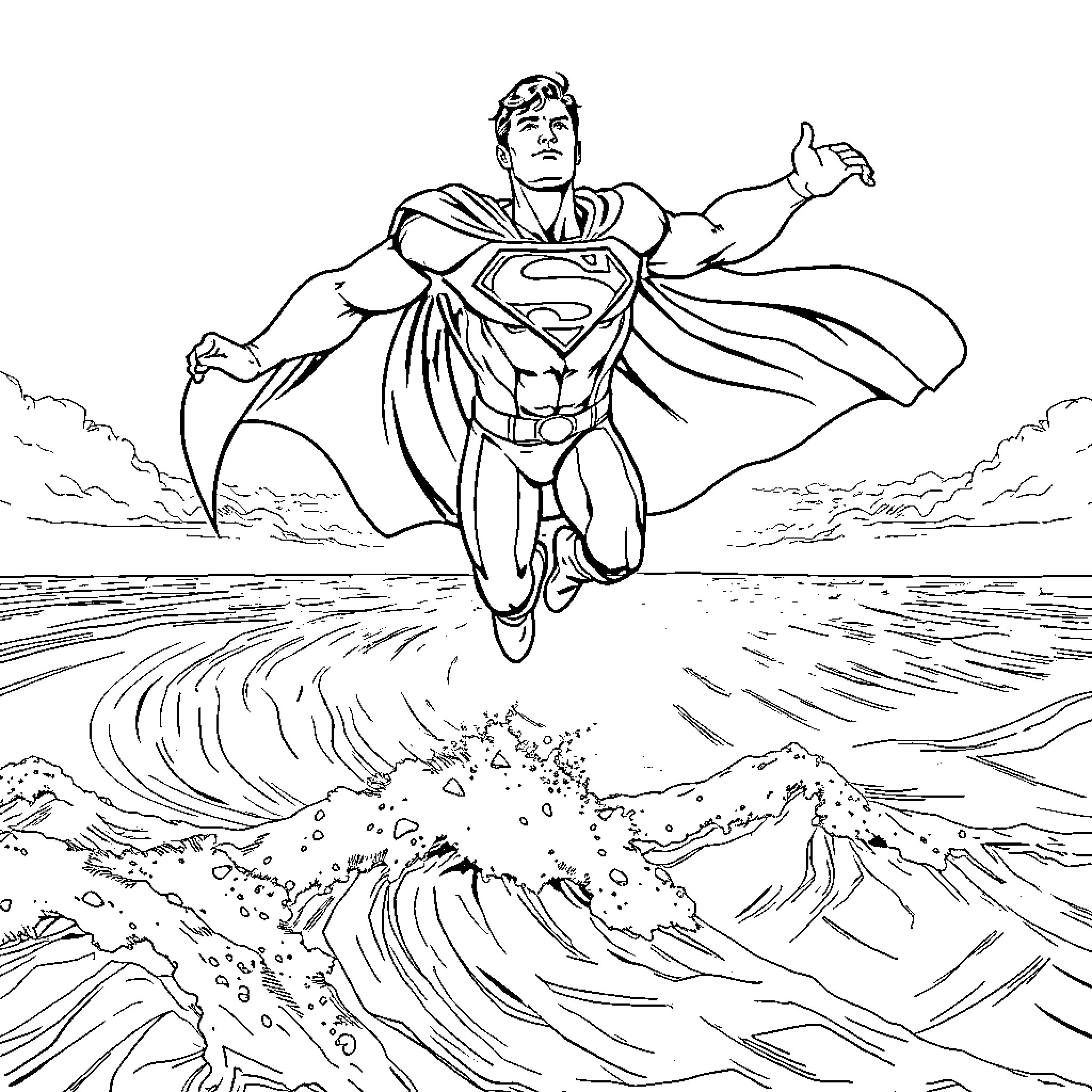 Superman soaring through the sky with heroic pose Coloring Page (free black-and-white line drawing printable PDF for all, from beginners to advanced learners, including children, teens, adults, and seniors)
