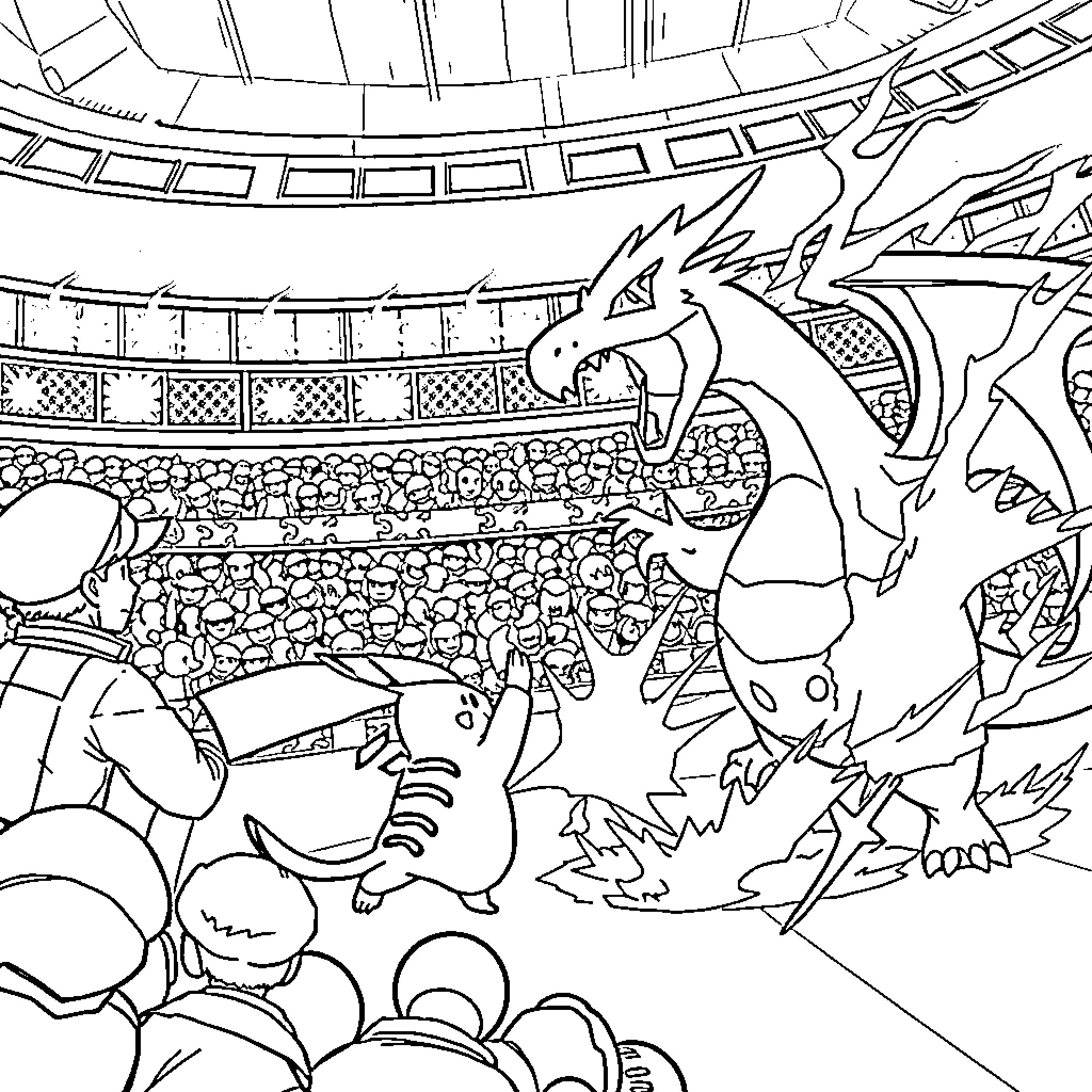 Pokémon Battle in a Packed Stadium Coloring Page (free black-and-white line drawing printable PDF for all, from beginners to advanced learners, including children, teens, adults, and seniors)