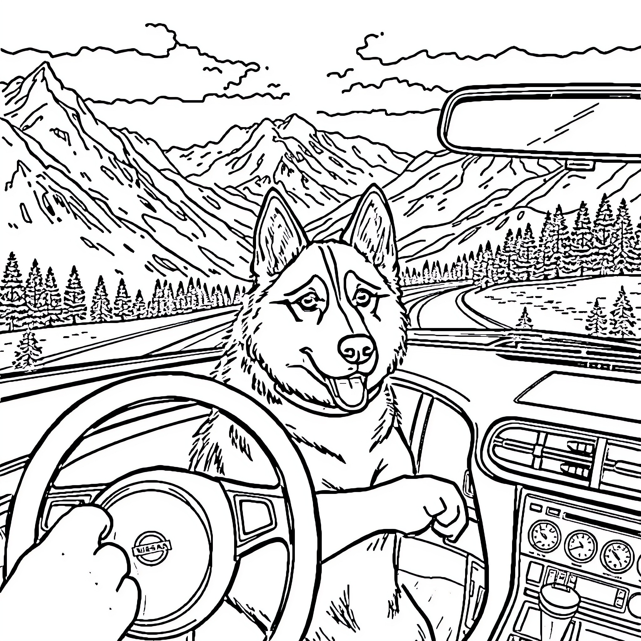 Husky driving a car through snowy mountains Coloring Page (free black-and-white line drawing printable PDF for all, from beginners to advanced learners, including children, teens, adults, and seniors)