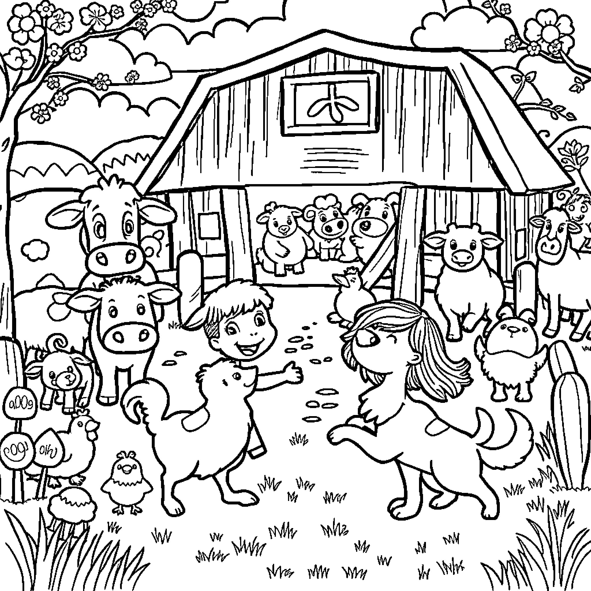 Farm Animals Playing Happily in the Farmyard Coloring Page (free black-and-white line drawing printable PDF for all, from beginners to advanced learners, including children, teens, adults, and seniors)