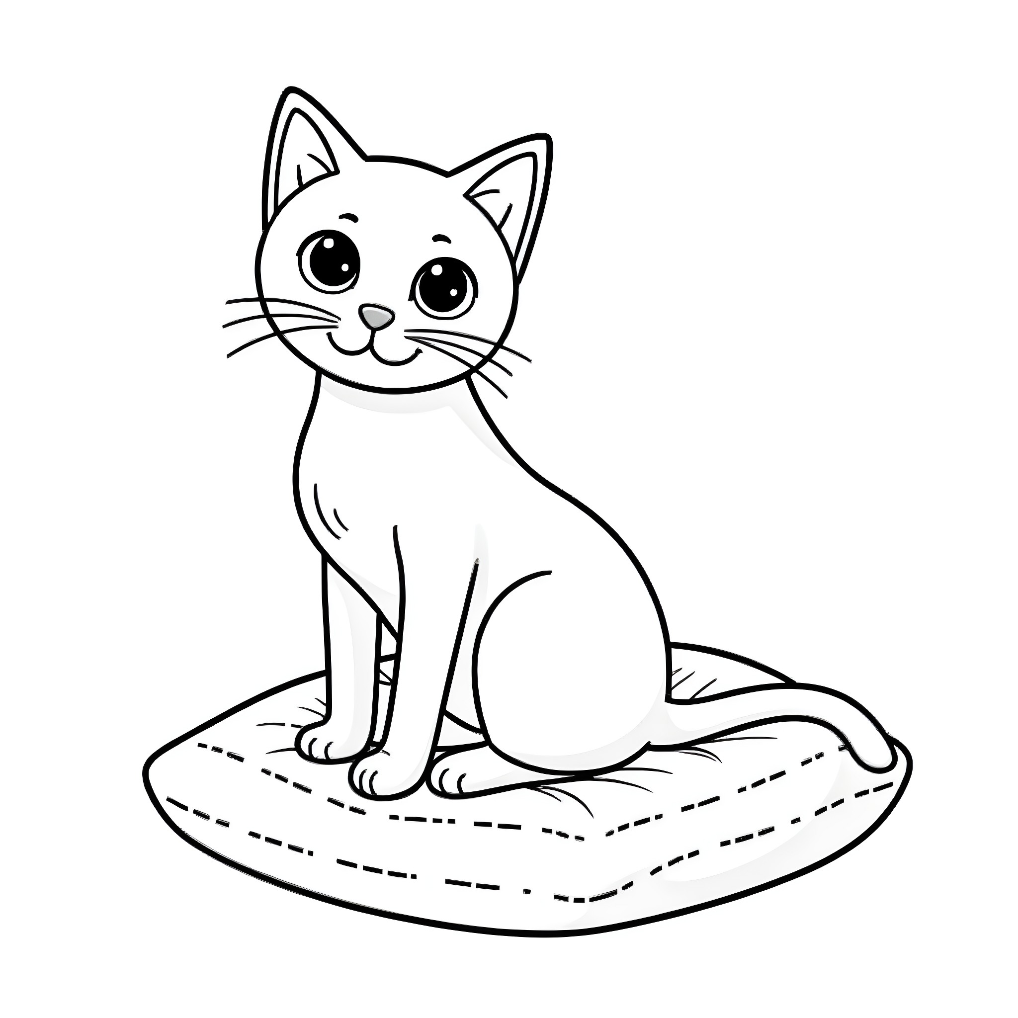 Cat sitting adorably on cushion Coloring Page (free black-and-white line drawing printable PDF for all, from beginners to advanced learners, including children, teens, adults, and seniors)
