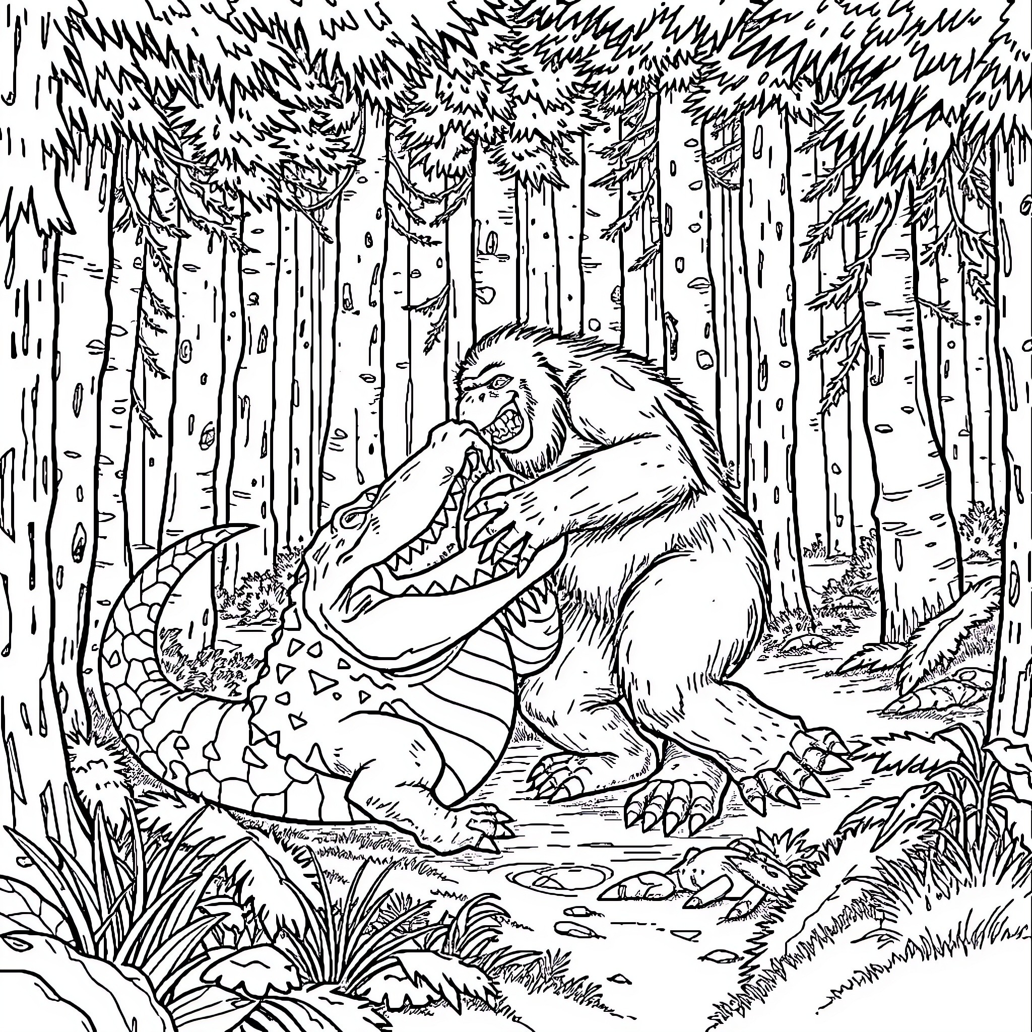 Alligator and Sasquatch encounter in the forest Coloring Page (free black-and-white line drawing printable PDF for all, from beginners to advanced learners, including children, teens, adults, and seniors)