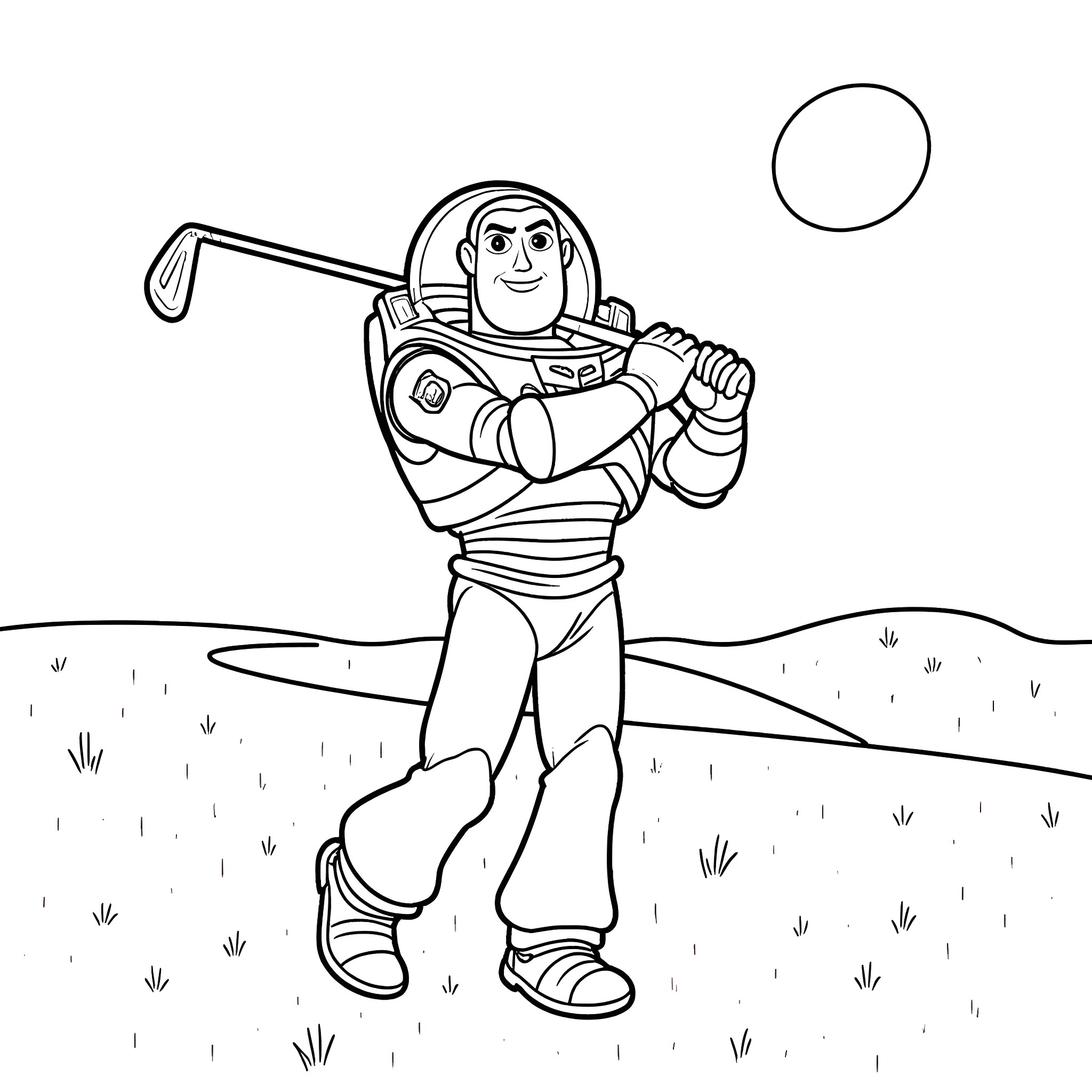 Buzz Lightyear on a space adventure Coloring Page (free black-and-white line drawing printable PDF for all, from beginners to advanced learners, including children, teens, adults, and seniors)
