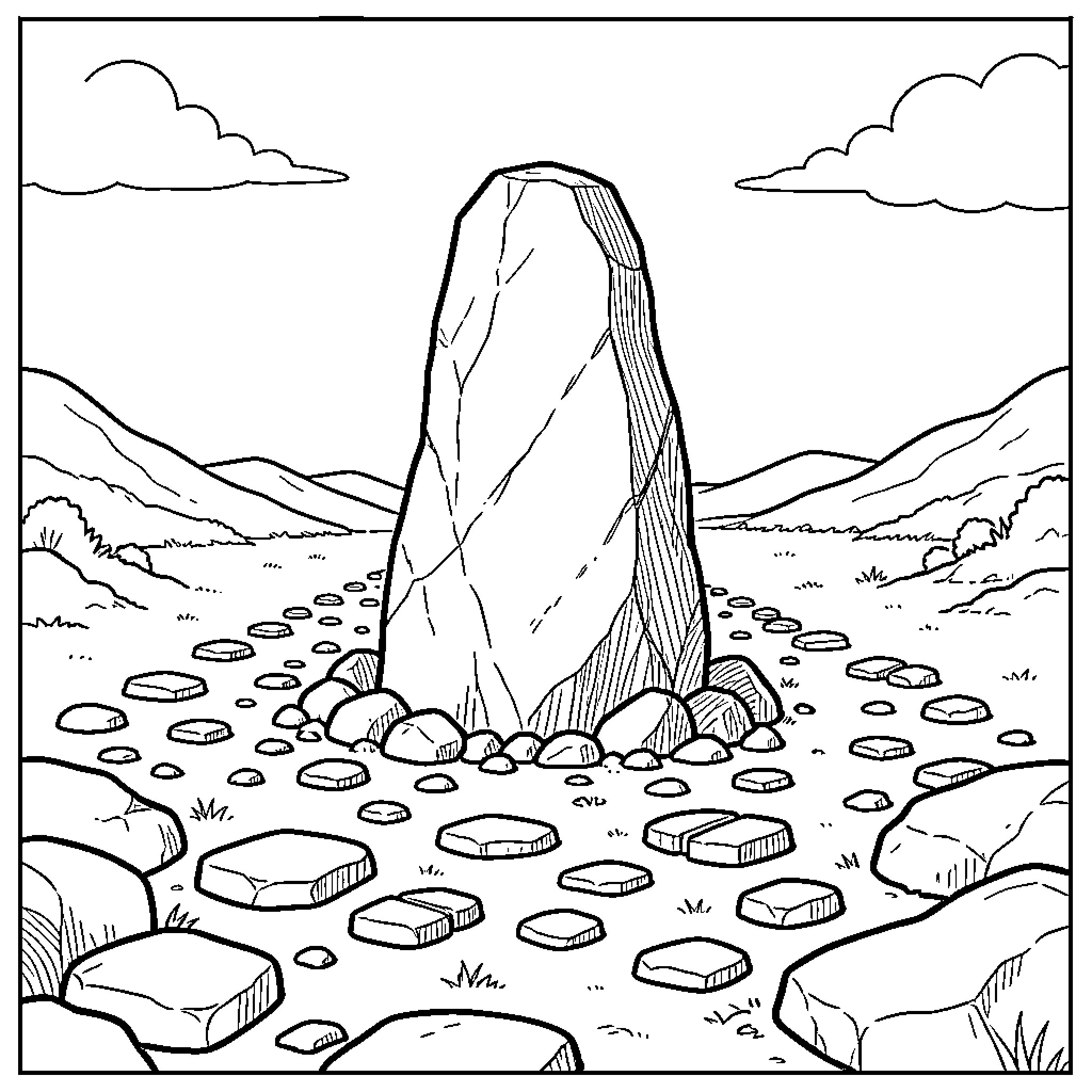 Mojón standing tall amidst the rocky landscape Coloring Page (free black-and-white line drawing printable PDF for all, from beginners to advanced learners, including children, teens, adults, and seniors)
