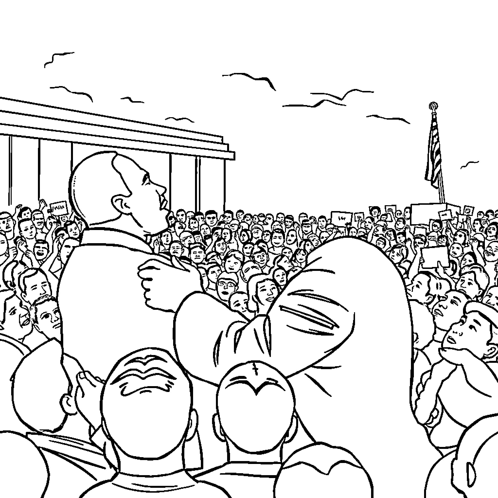 MLK Addressing Gathered Crowd at Civil Rights Rally Coloring Page (free black-and-white line drawing printable PDF for all, from beginners to advanced learners, including children, teens, adults, and seniors)