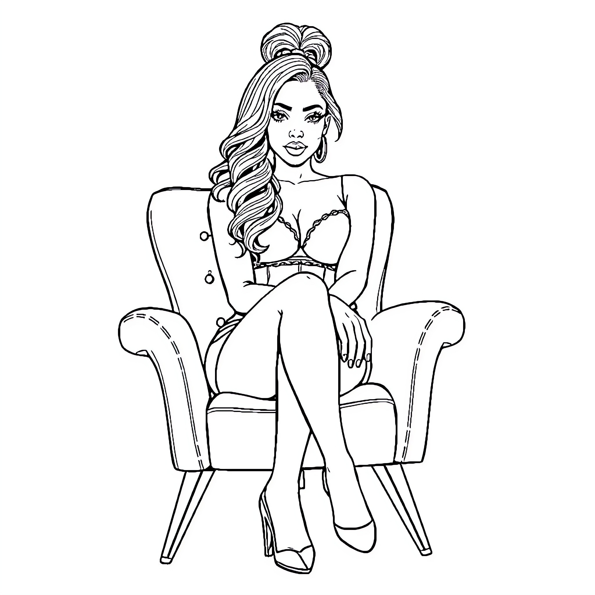 Sasha Banks posing confidently in an armchair Coloring Page (free black-and-white line drawing printable PDF for all, from beginners to advanced learners, including children, teens, adults, and seniors)