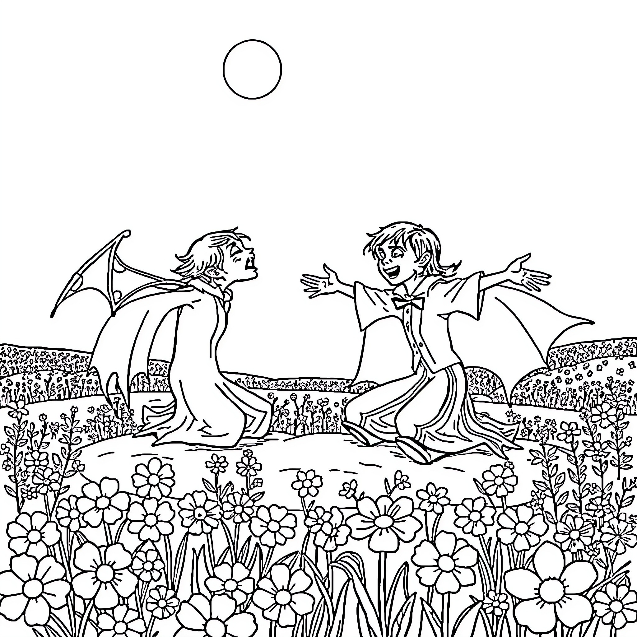 Vampire children playing in a flowery field Coloring Page (free black-and-white line drawing printable PDF for all, from beginners to advanced learners, including children, teens, adults, and seniors)