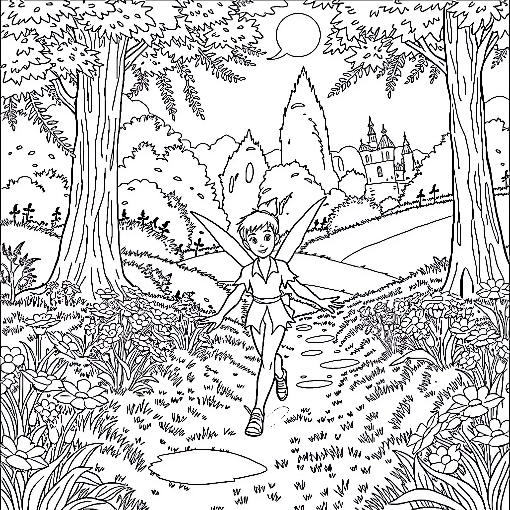 Peter Pan exploring the enchanted forest Coloring Page (free black-and-white line drawing printable PDF for all, from beginners to advanced learners, including children, teens, adults, and seniors)