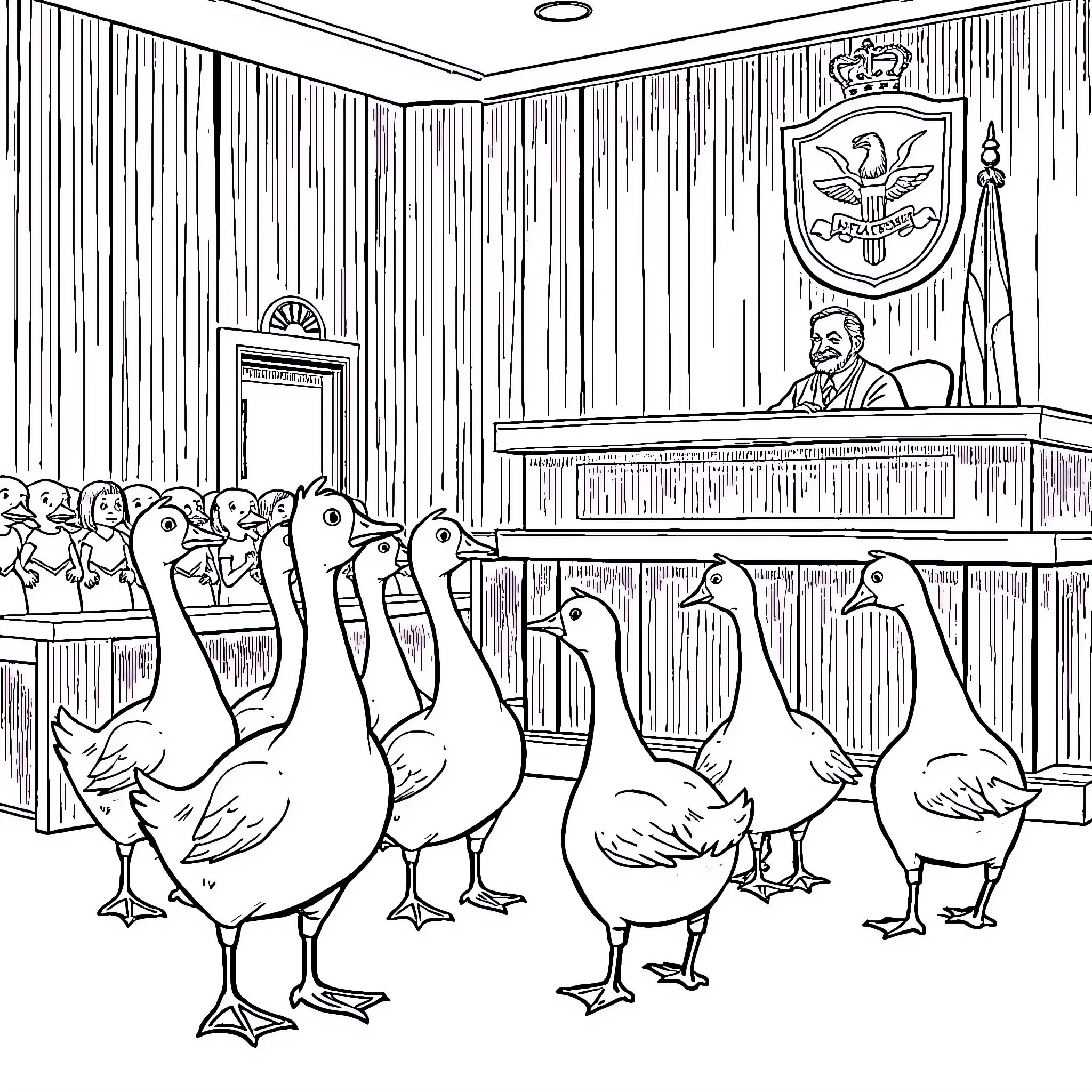 Goose gathering in a courtroom setting Coloring Page (free black-and-white line drawing printable PDF for all, from beginners to advanced learners, including children, teens, adults, and seniors)