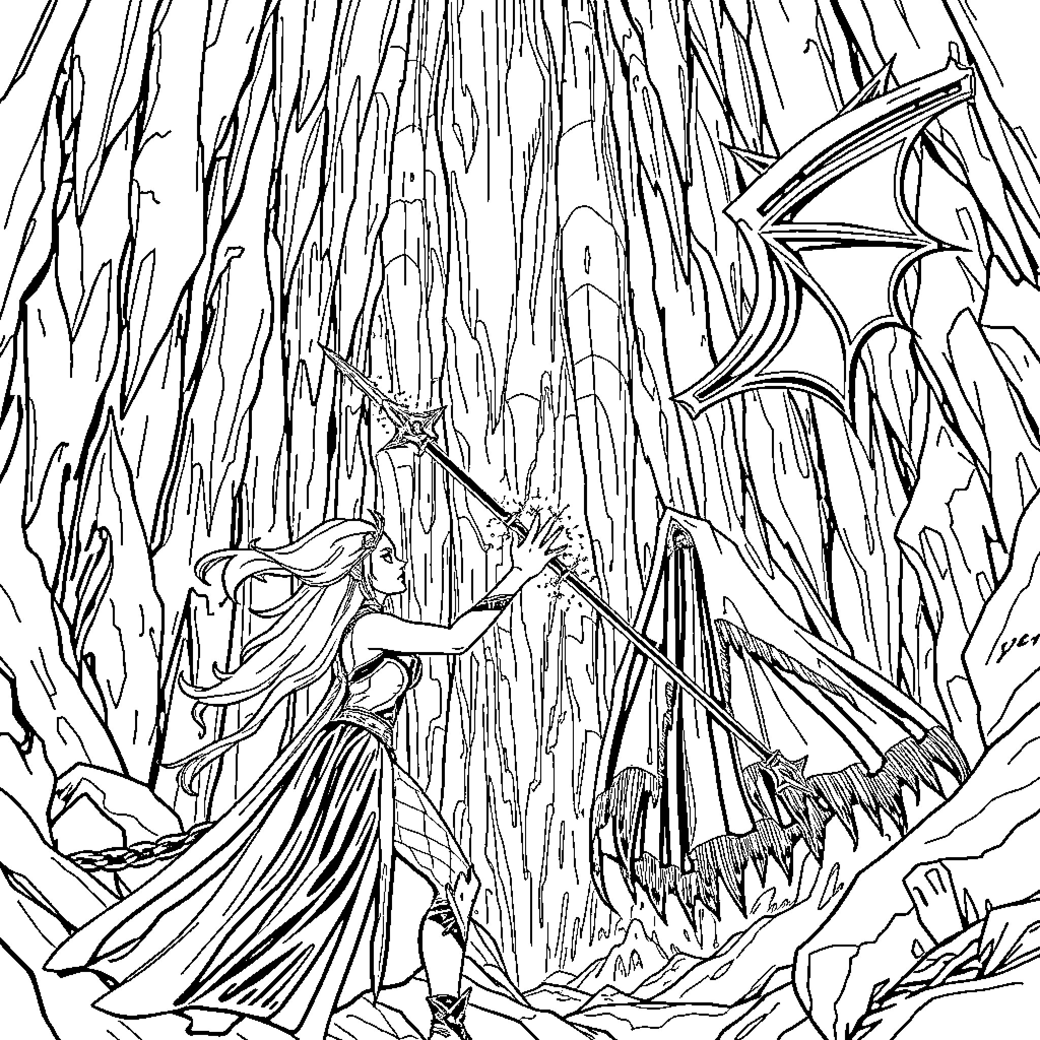 Rumi exploring the fantastical forest with a mystical creature Coloring Page (free black-and-white line drawing printable PDF for all, from beginners to advanced learners, including children, teens, adults, and seniors)