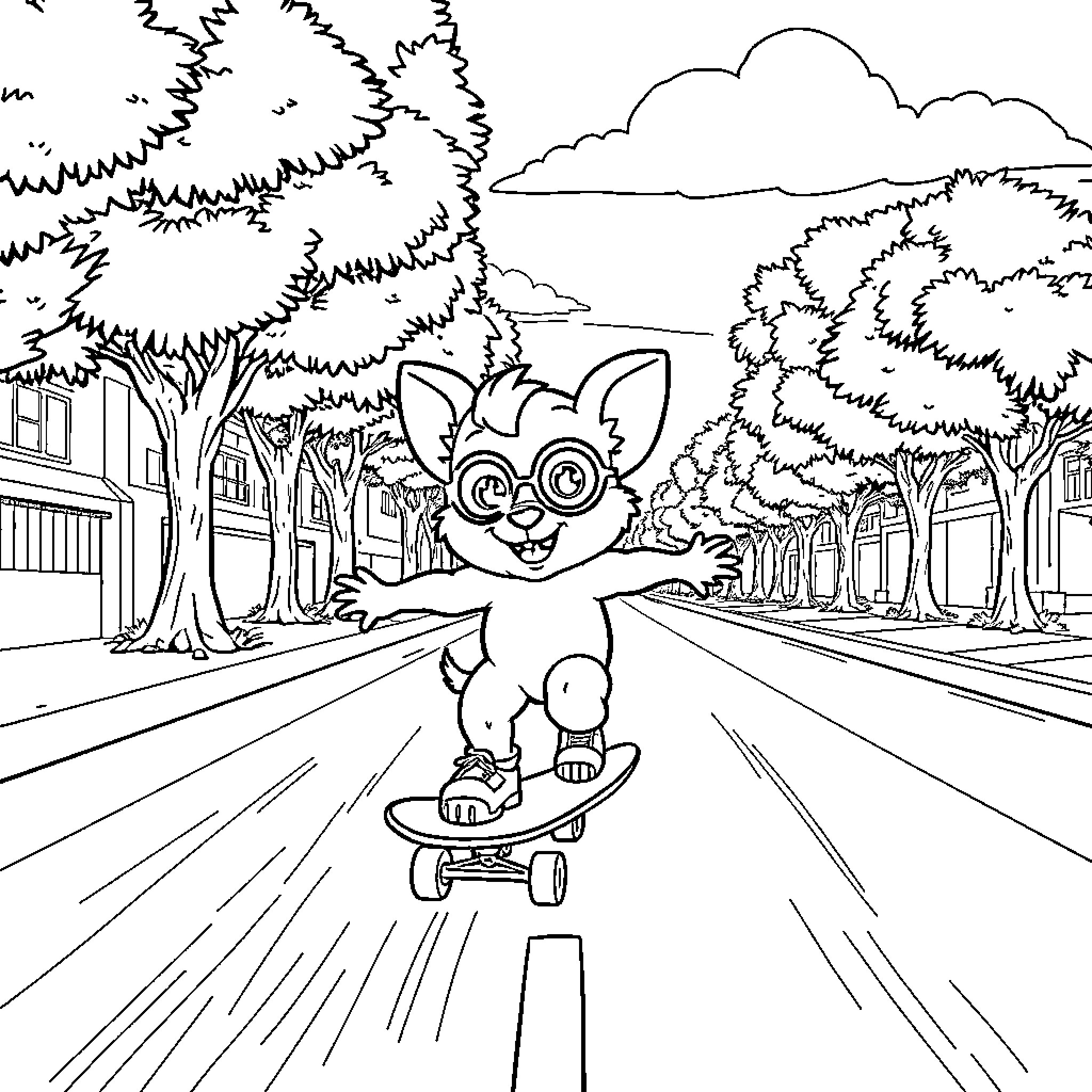 Gizmo skateboarding through the neighborhood Coloring Page (free black-and-white line drawing printable PDF for all, from beginners to advanced learners, including children, teens, adults, and seniors)