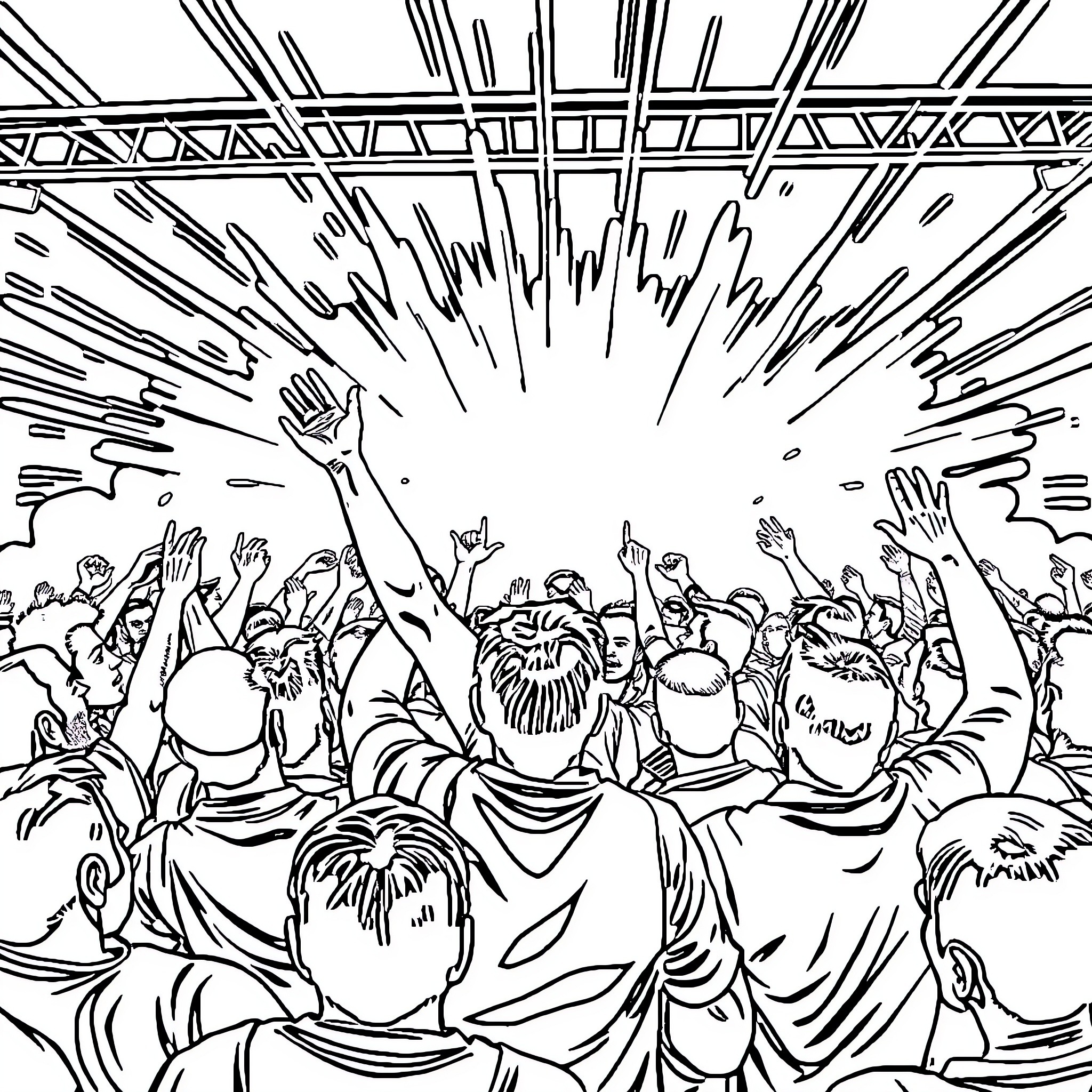 Man celebrating joyfully in a large crowd Coloring Page (free black-and-white line drawing printable PDF for all, from beginners to advanced learners, including children, teens, adults, and seniors)