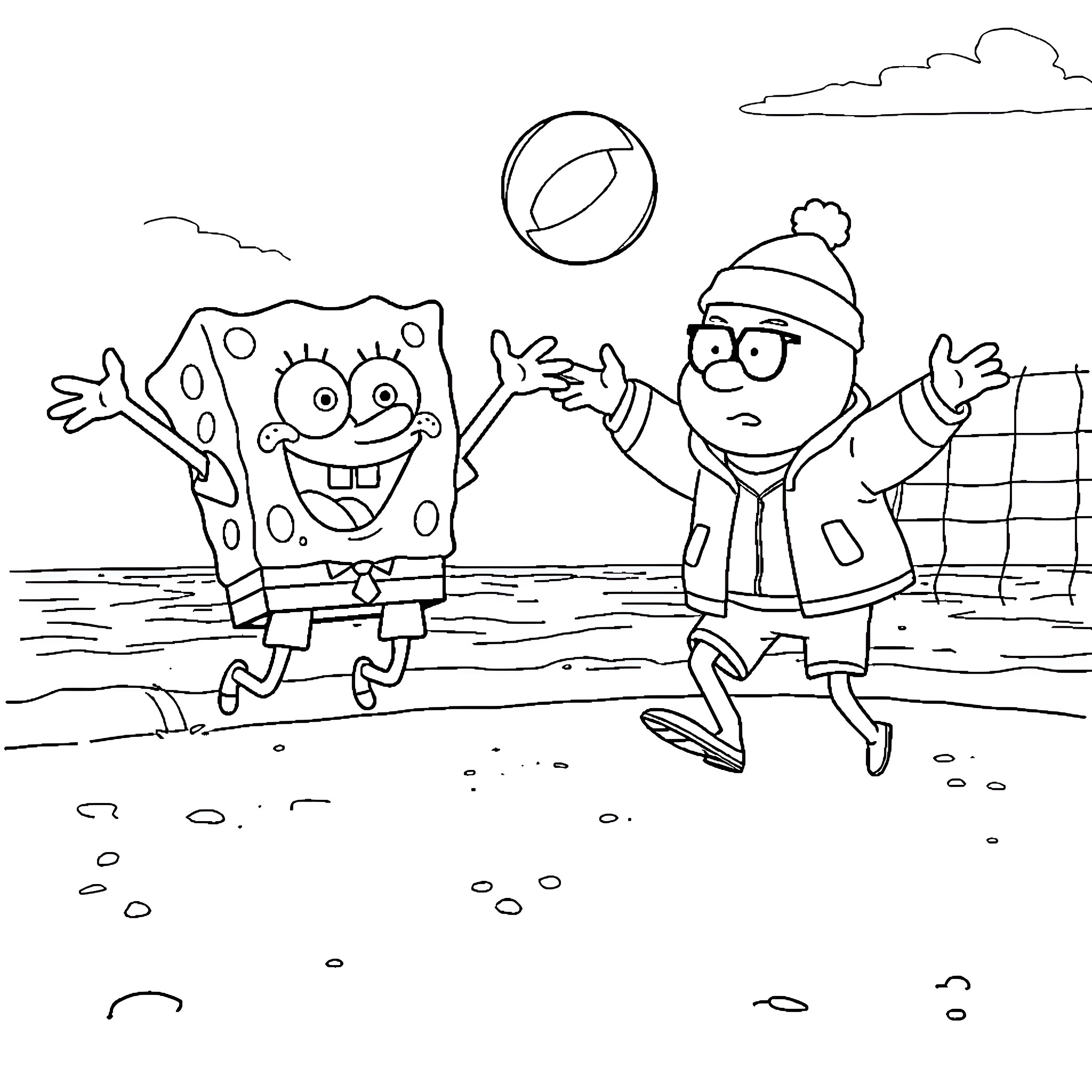 Spongebob and friend playing with beach ball Coloring Page (free black-and-white line drawing printable PDF for all, from beginners to advanced learners, including children, teens, adults, and seniors)