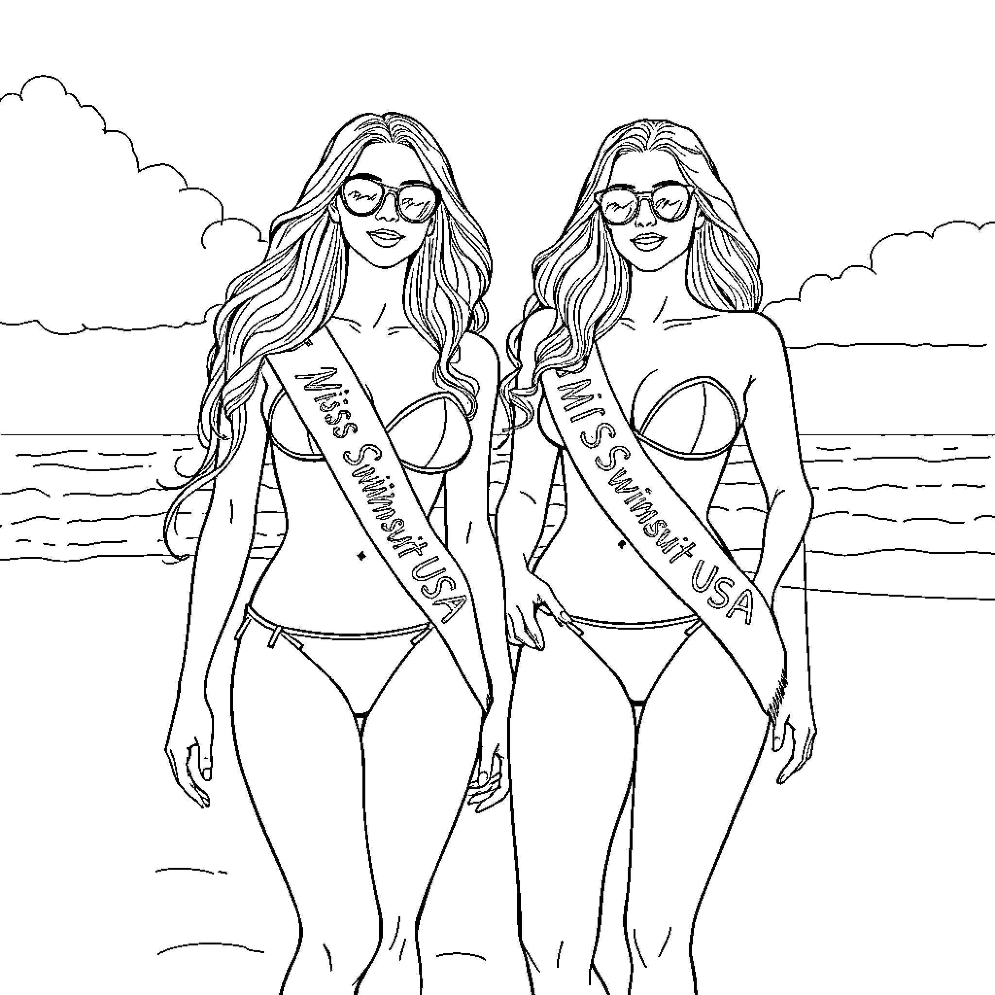 Model Contestants in Swimsuit Competition on Beach Coloring Page (free black-and-white line drawing printable PDF for all, from beginners to advanced learners, including children, teens, adults, and seniors)