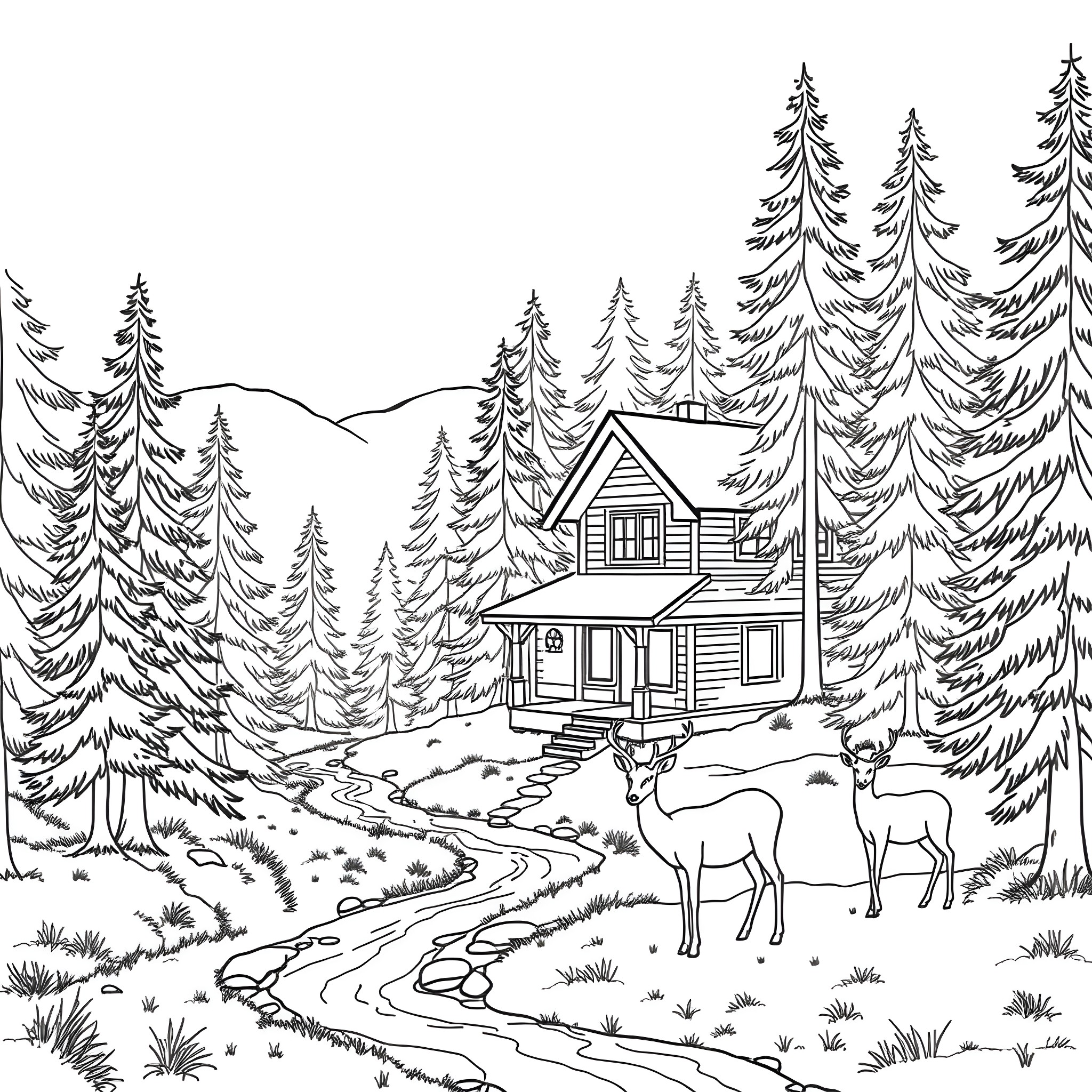 Cabin in the Serene Forest with Deer Coloring Page (free black-and-white line drawing printable PDF for all, from beginners to advanced learners, including children, teens, adults, and seniors)