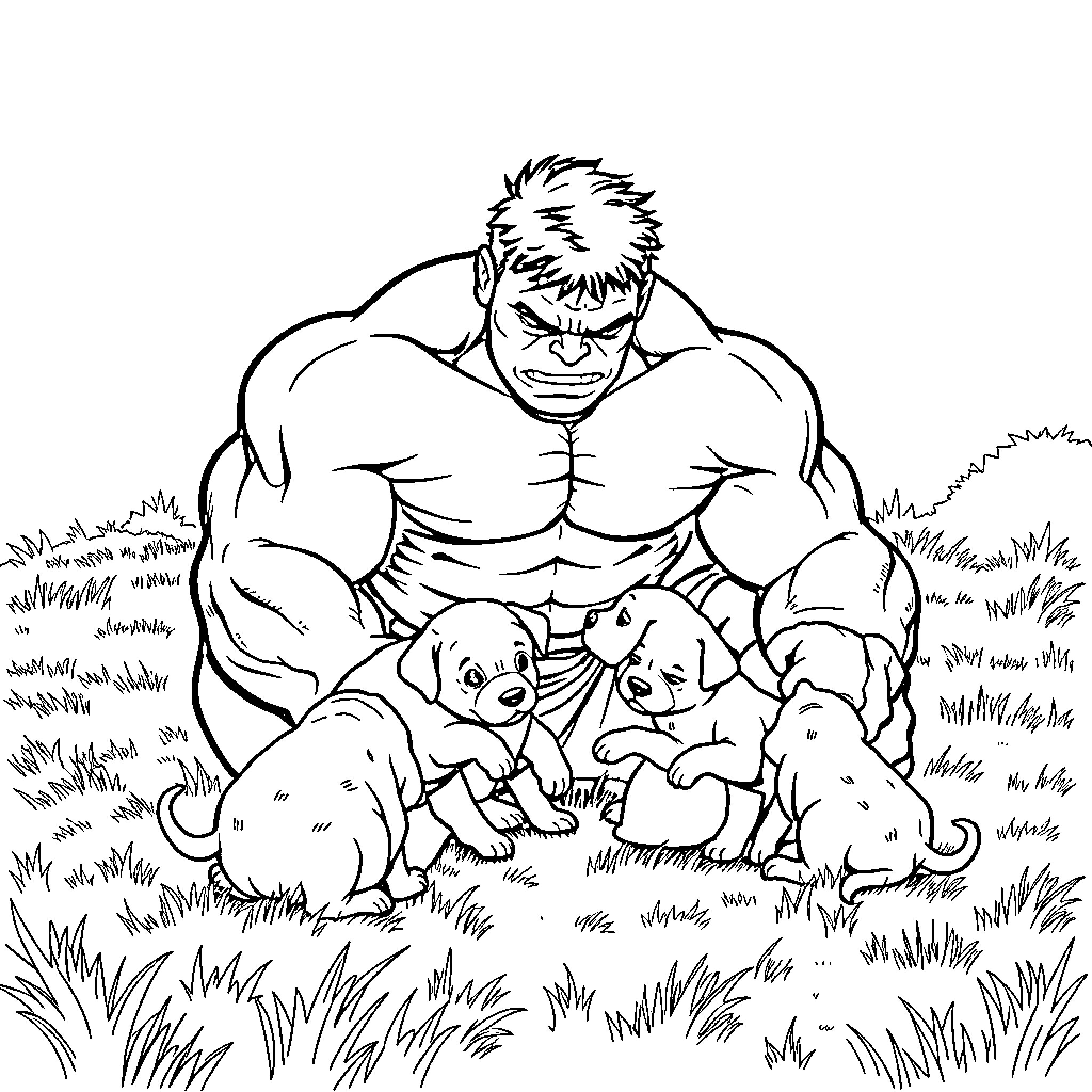 Hulk Surrounded by Playful Puppies in Grassy Field Coloring Page (free black-and-white line drawing printable PDF for all, from beginners to advanced learners, including children, teens, adults, and seniors)