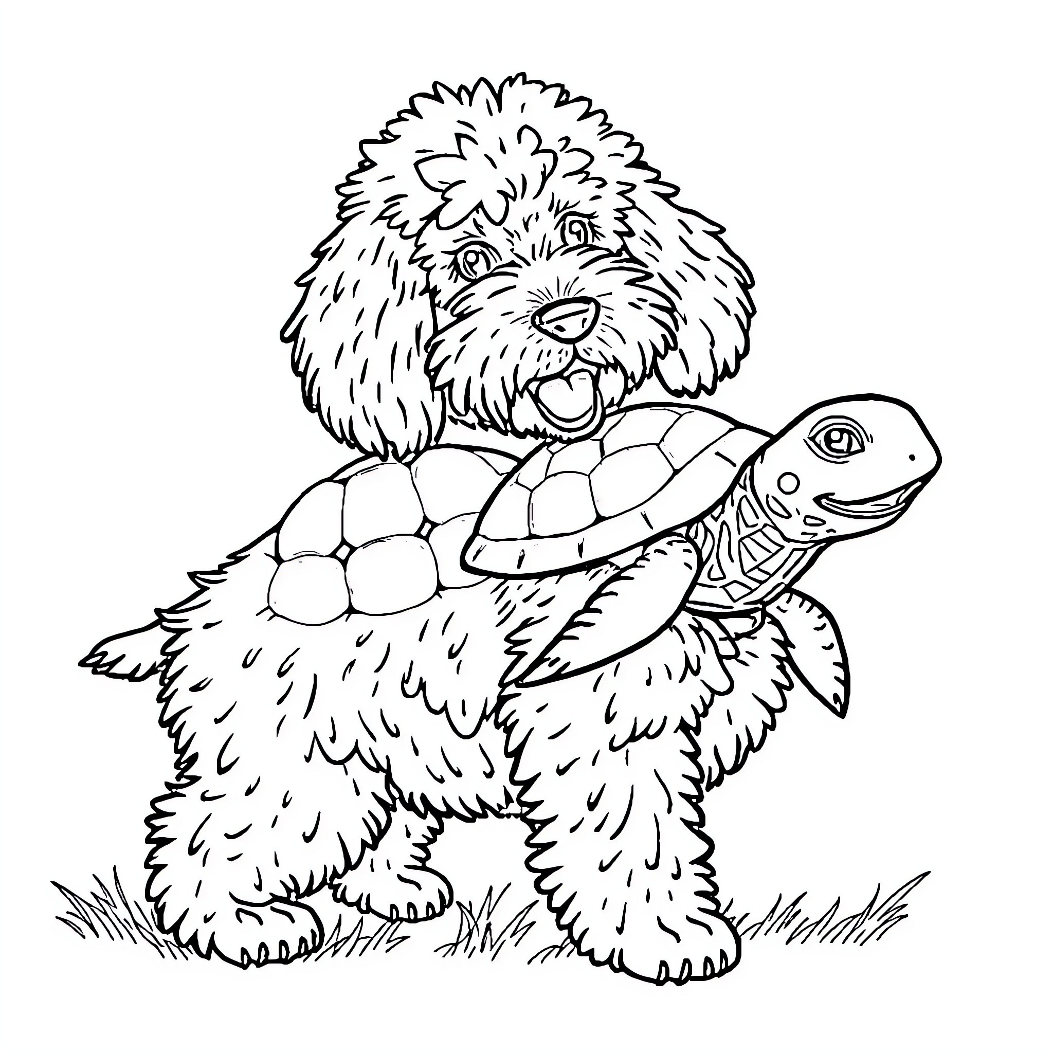 Turtle-shaped puppy playing with pet turtle Coloring Page (free black-and-white line drawing printable PDF for all, from beginners to advanced learners, including children, teens, adults, and seniors)