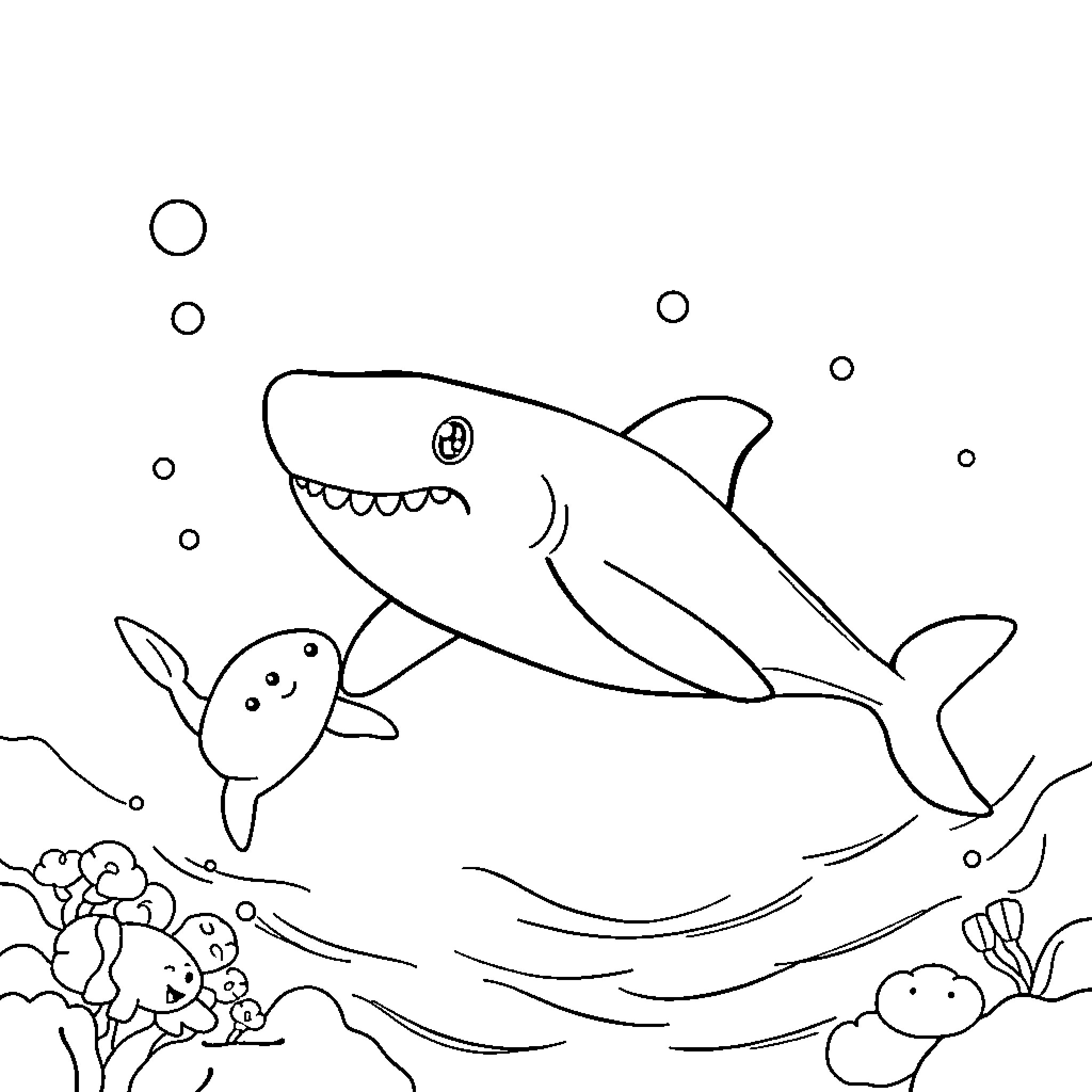 Shark swimming with sea creatures Coloring Page (free black-and-white line drawing printable PDF for all, from beginners to advanced learners, including children, teens, adults, and seniors)