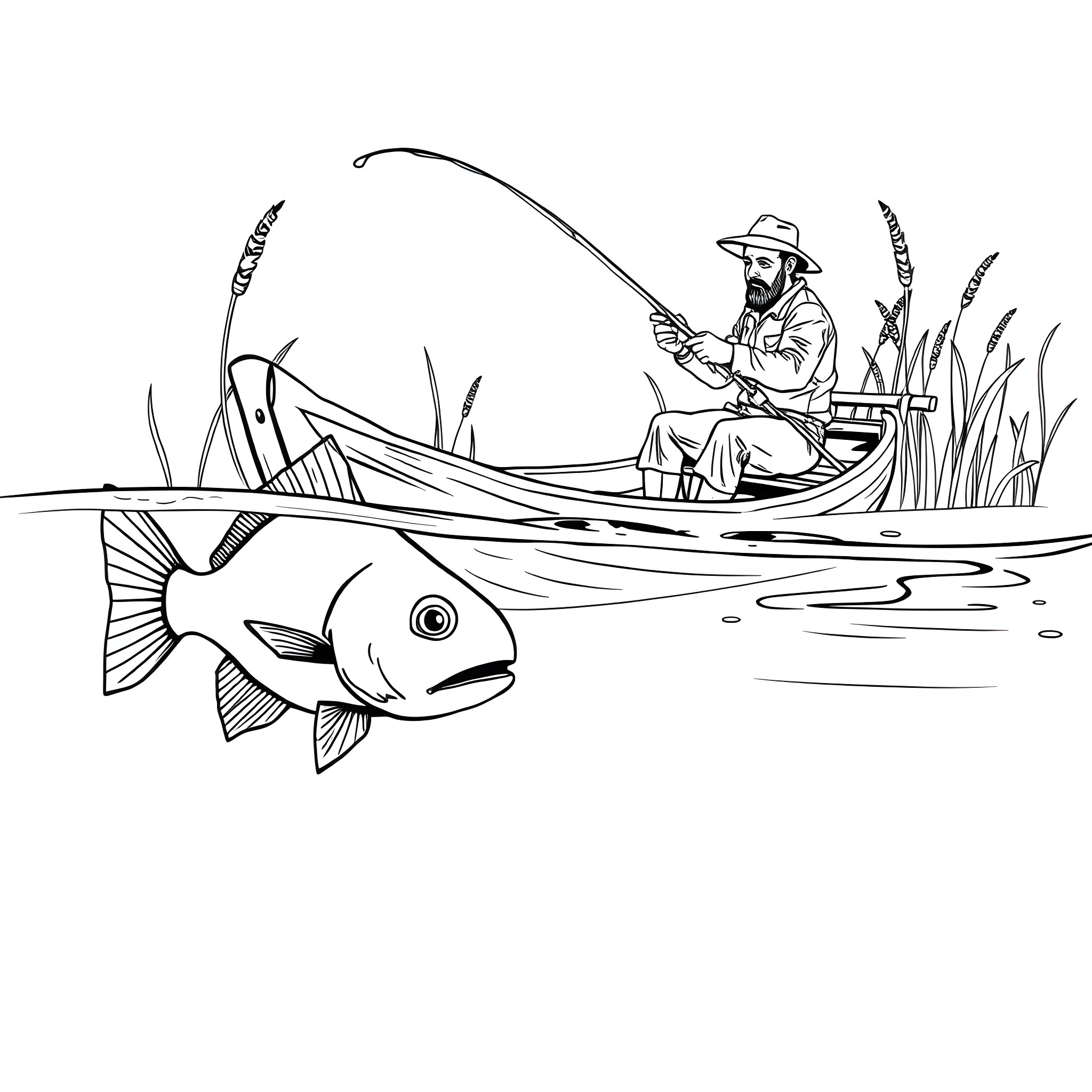 Fish Angler Casting Line from Boat Coloring Page (free black-and-white line drawing printable PDF for all, from beginners to advanced learners, including children, teens, adults, and seniors)