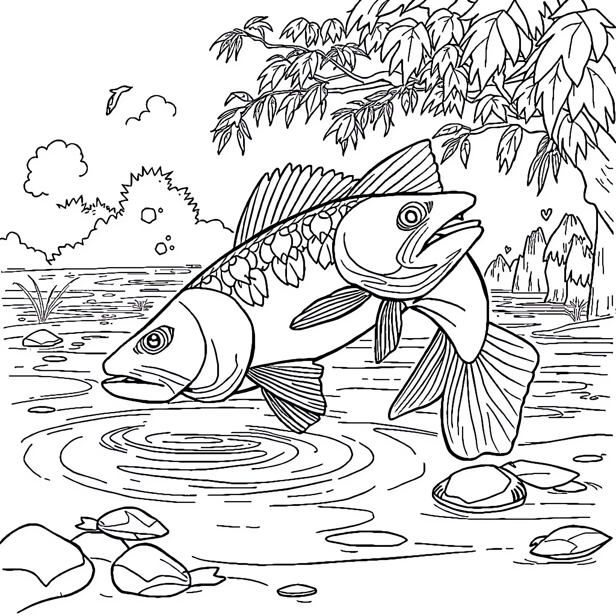 Bear fishing in a calm lake surrounded by nature Coloring Page (free black-and-white line drawing printable PDF for all, from beginners to advanced learners, including children, teens, adults, and seniors)