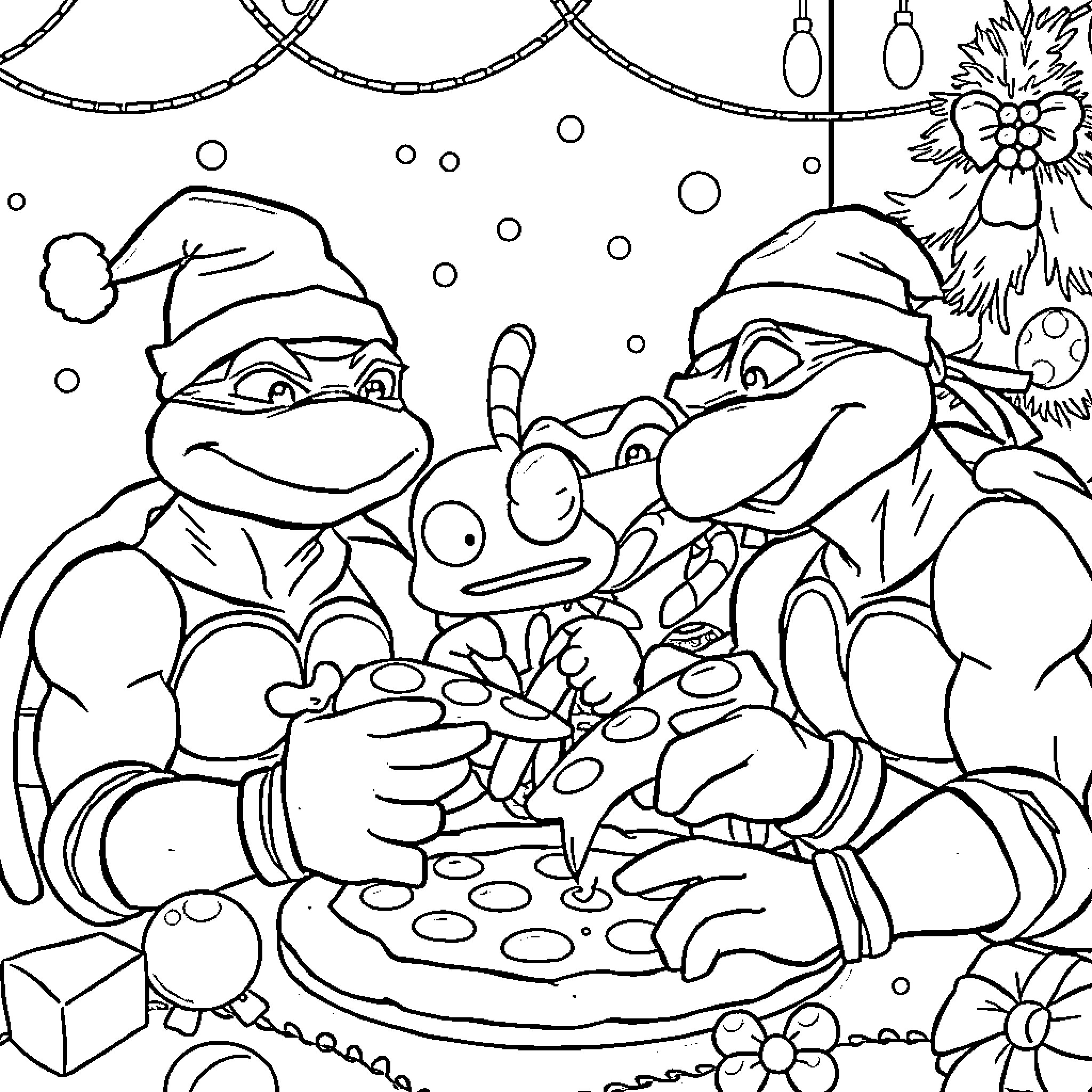 Ninja Turtle Enjoying Holiday Festivities Coloring Page (free black-and-white line drawing printable PDF for all, from beginners to advanced learners, including children, teens, adults, and seniors)